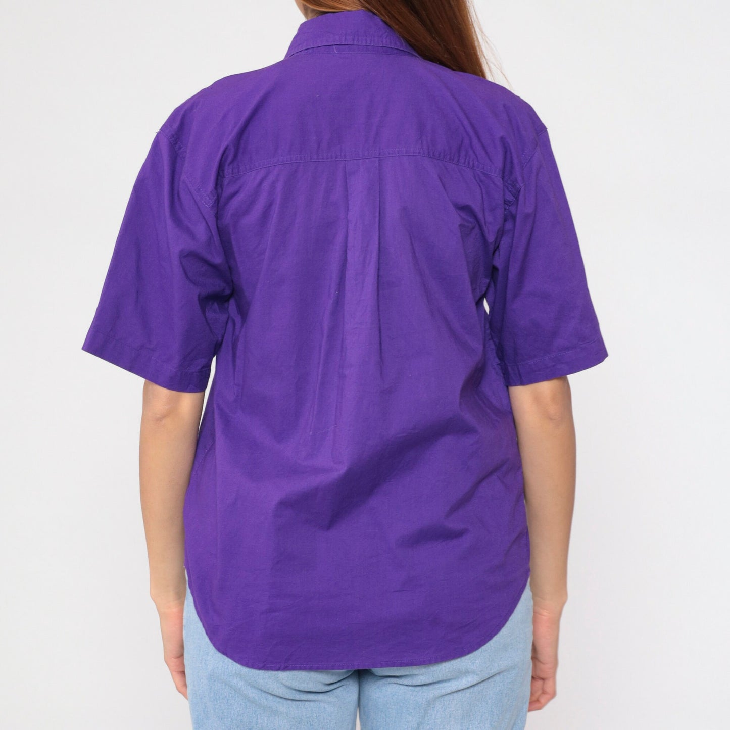 90s Karen Scott Purple Cotton Button-Up Blouse Short Sleeve Chest Pocket Medium