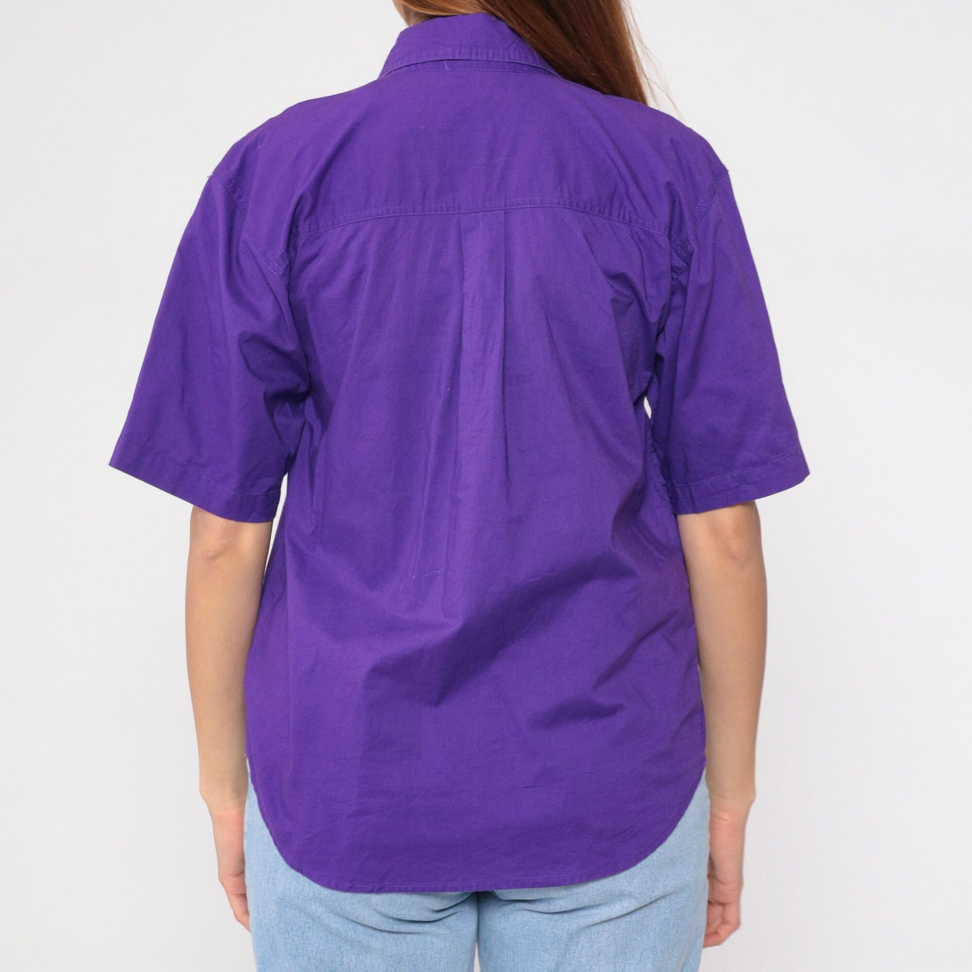 90s Karen Scott Purple Cotton Button-Up Blouse Short Sleeve Chest Pocket Medium