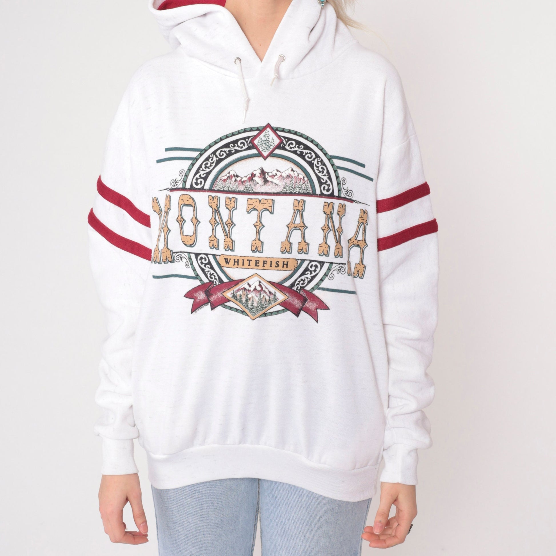 90s Whitefish Montana Hooded Sweatshirt White Graphic Pullover Medium