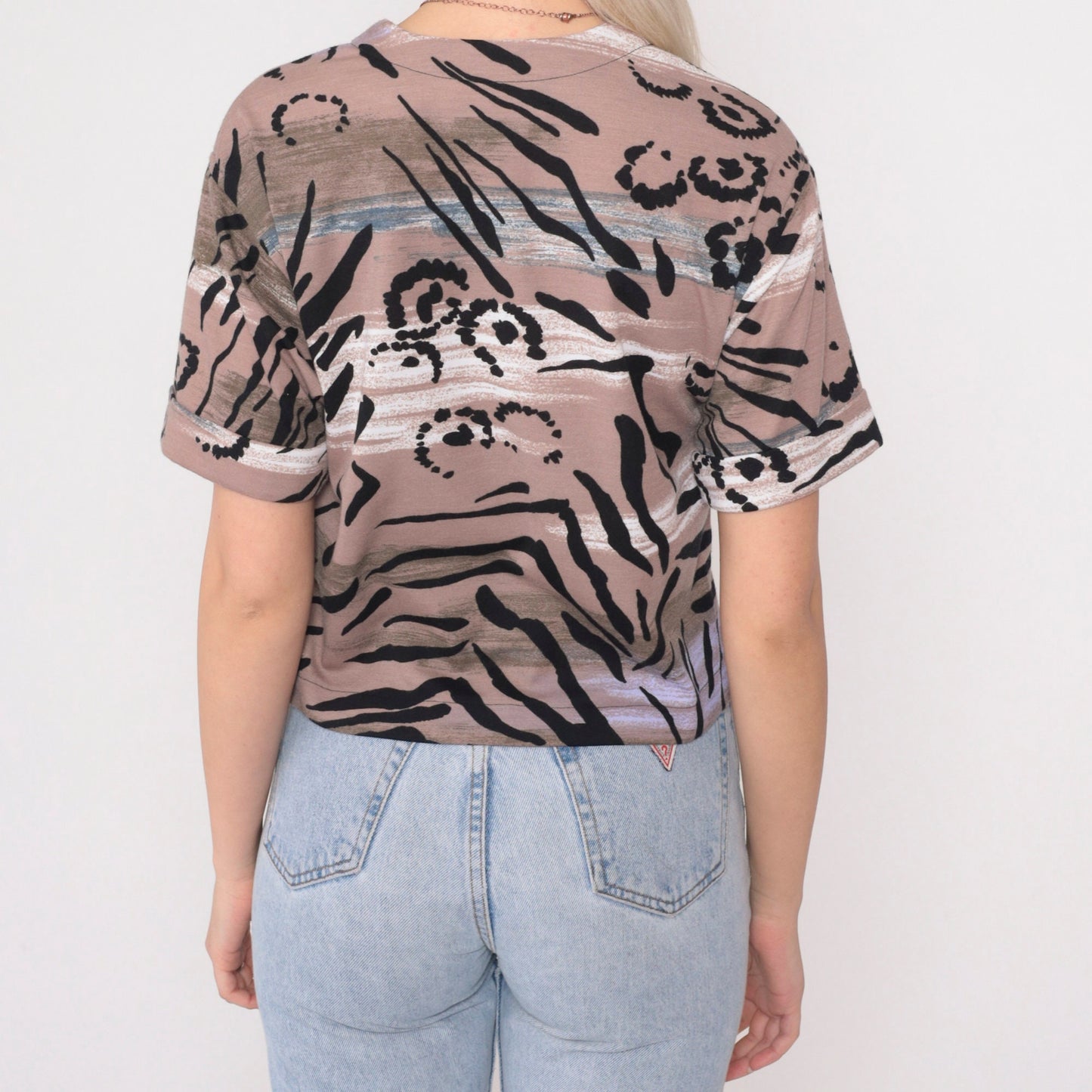 90s Tiger Stripe Animal Print V-Neck Tee Cuffed Sleeve Black Taupe Small S