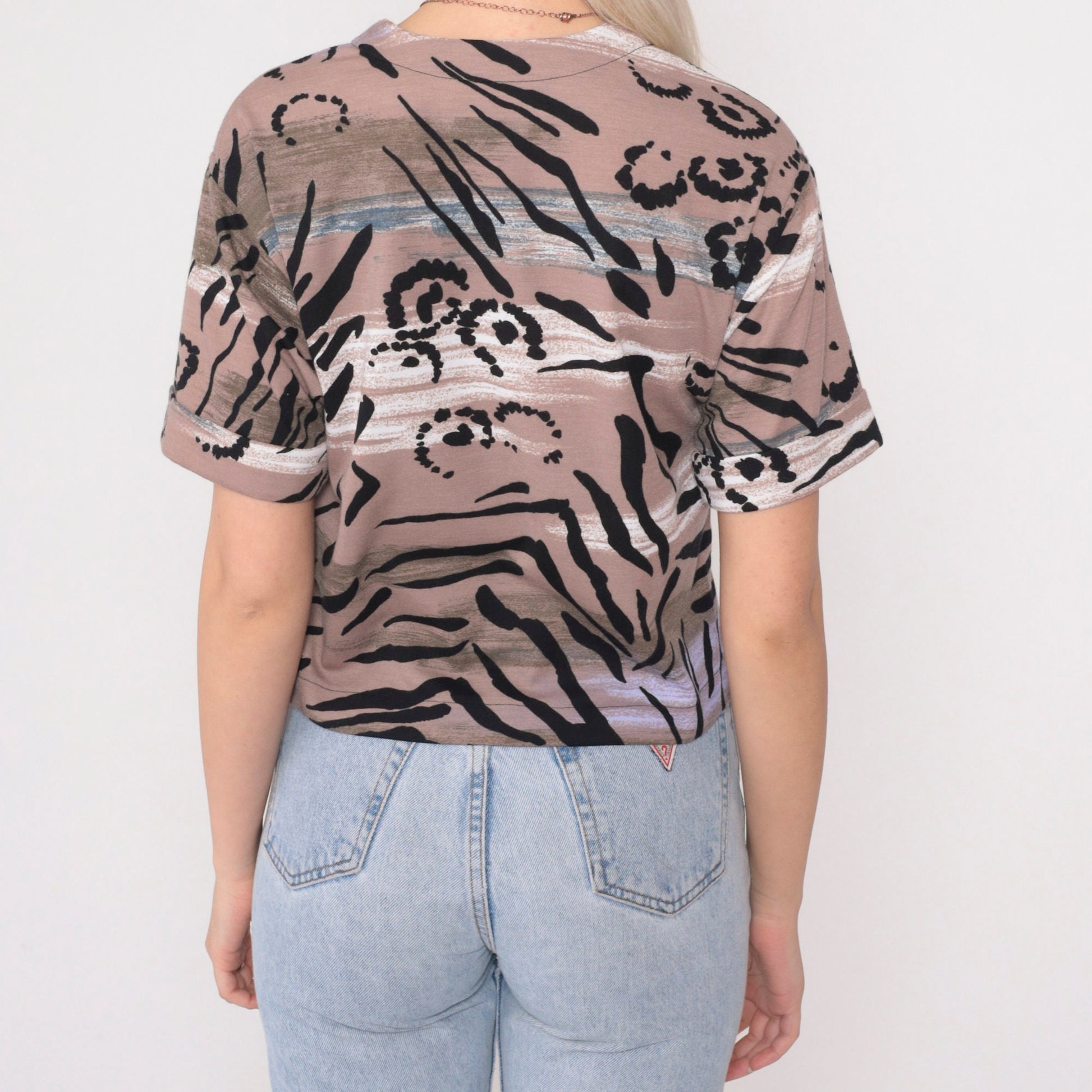 90s Tiger Stripe Animal Print V-Neck Tee Cuffed Sleeve Black Taupe Small S