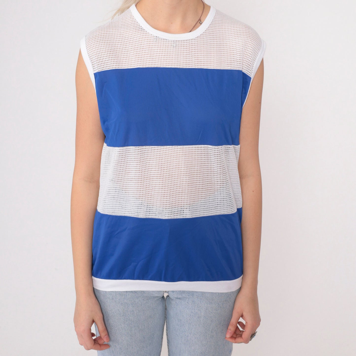80s Indy Knit Mesh Tank Top Color Block Blue White Sleeveless Medium