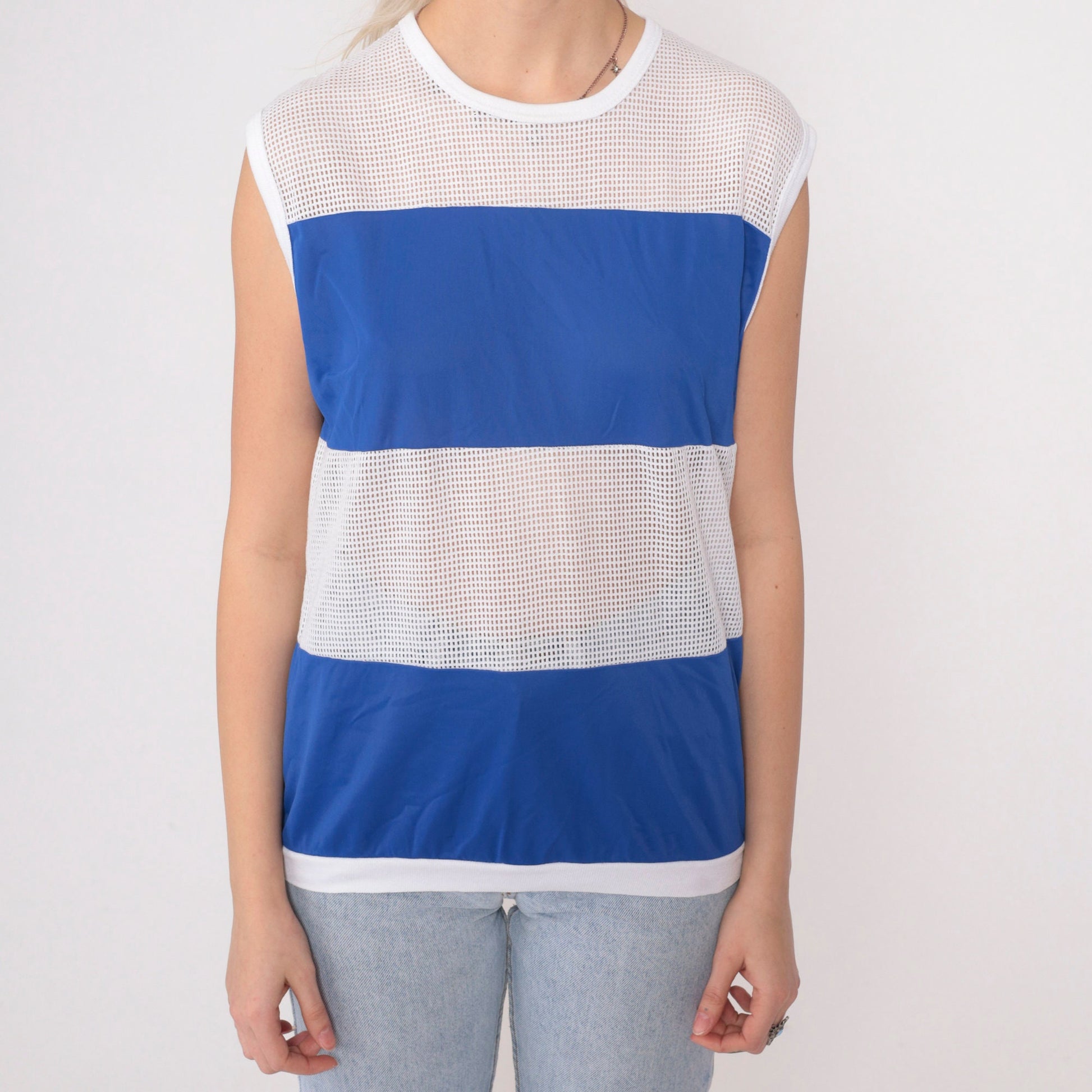 80s Indy Knit Mesh Tank Top Color Block Blue White Sleeveless Medium