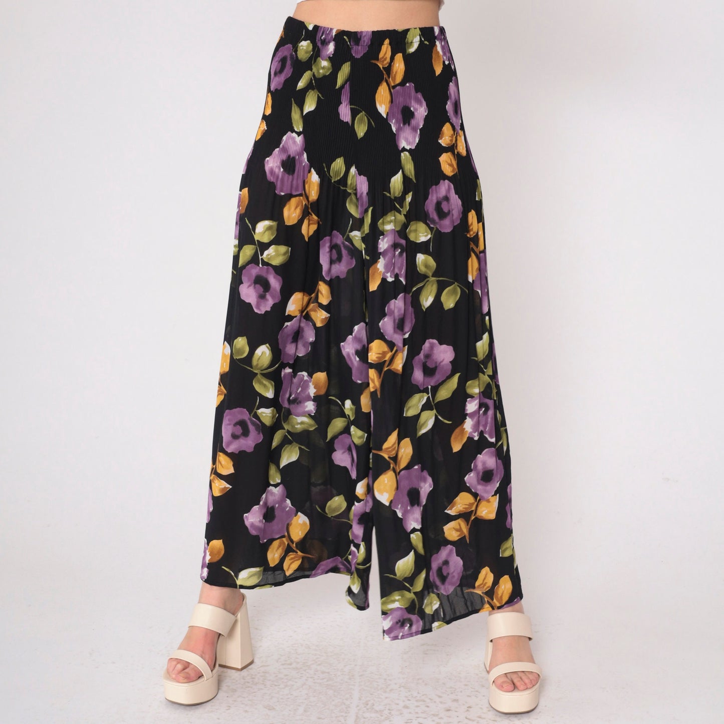 90s Black Floral Palazzo Pants Semi-Sheer High Waist Pleated Wide Leg Small