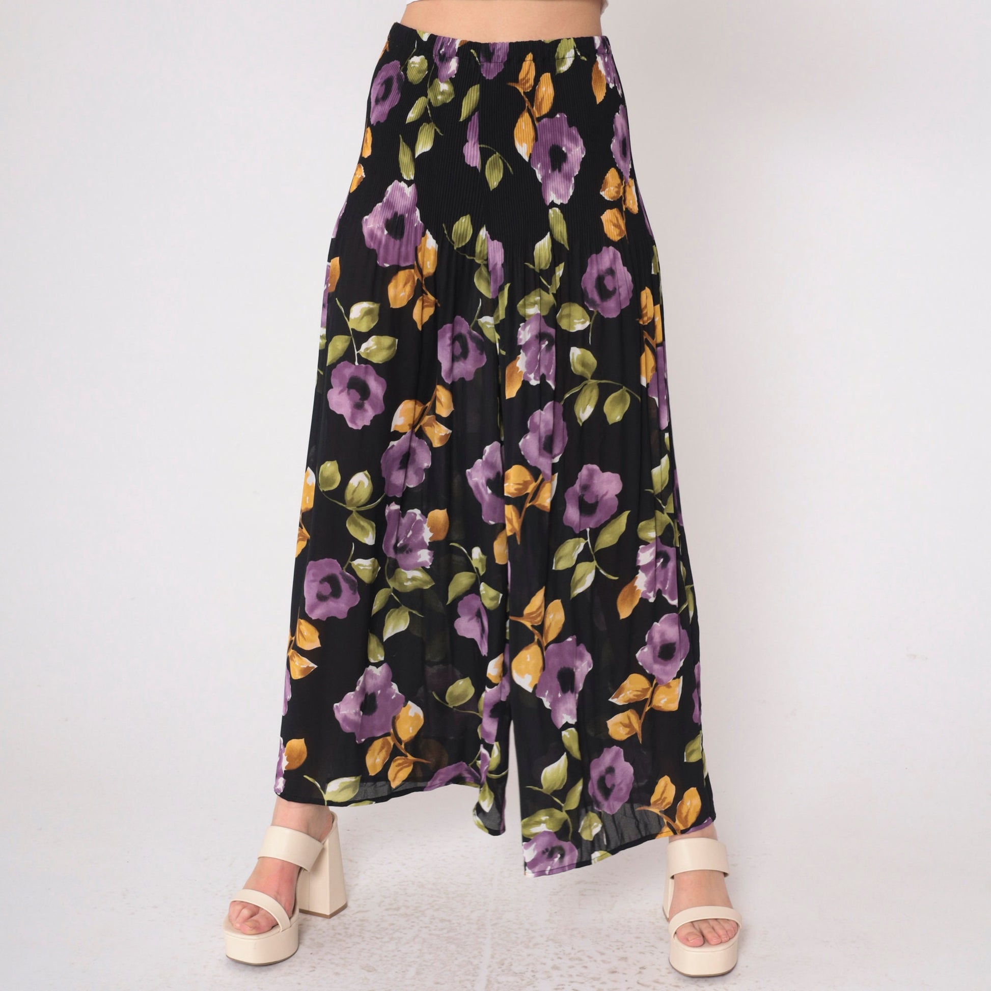 90s Black Floral Palazzo Pants Semi-Sheer High Waist Pleated Wide Leg Small