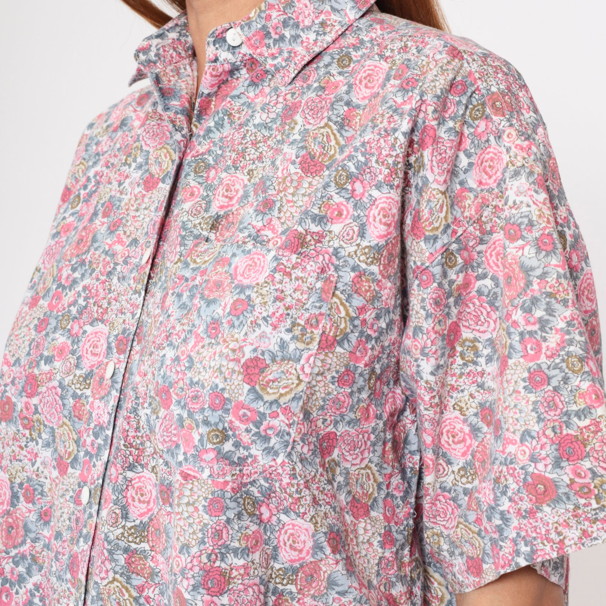 90s Floral Button-Up Shirt Cotton Wildflower Print Short Sleeve Small