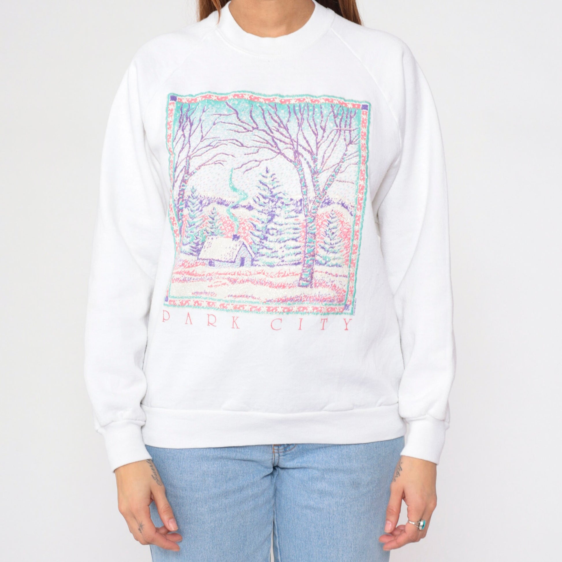 90s Park City Utah Glitter Winter Cabin Sweatshirt White Crewneck Large L