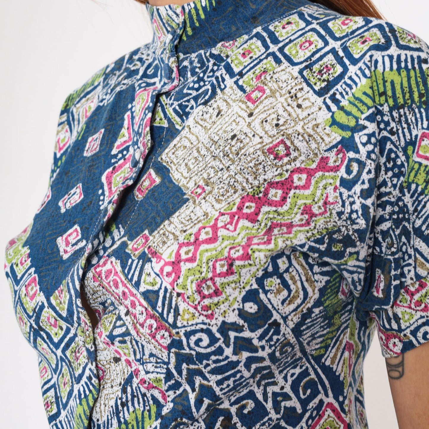 90s Batik Abstract Geometric Print Button-Up Shirt Blue Mock Neck Small