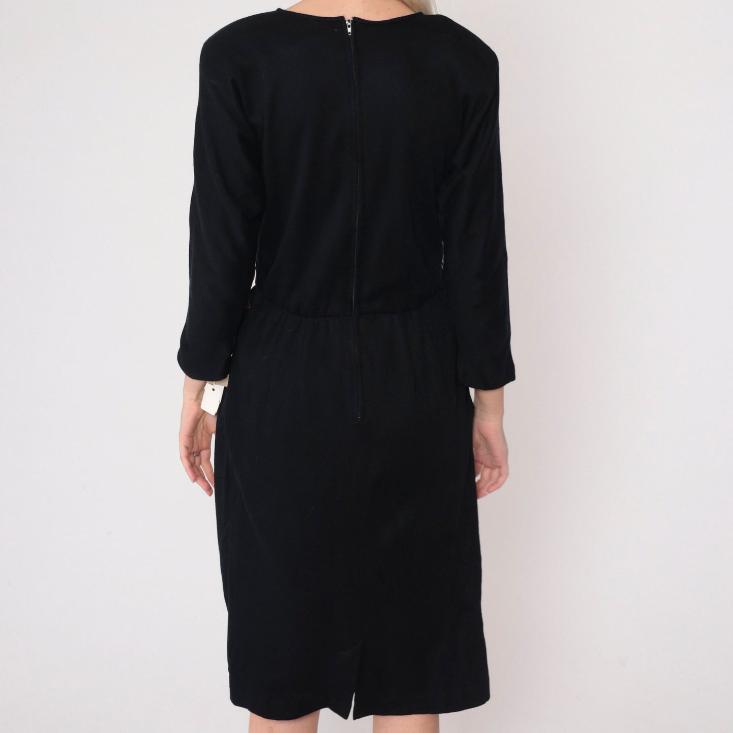 80s Black Midi Dress High Waist Pleated Pockets Long Sleeve Medium Large