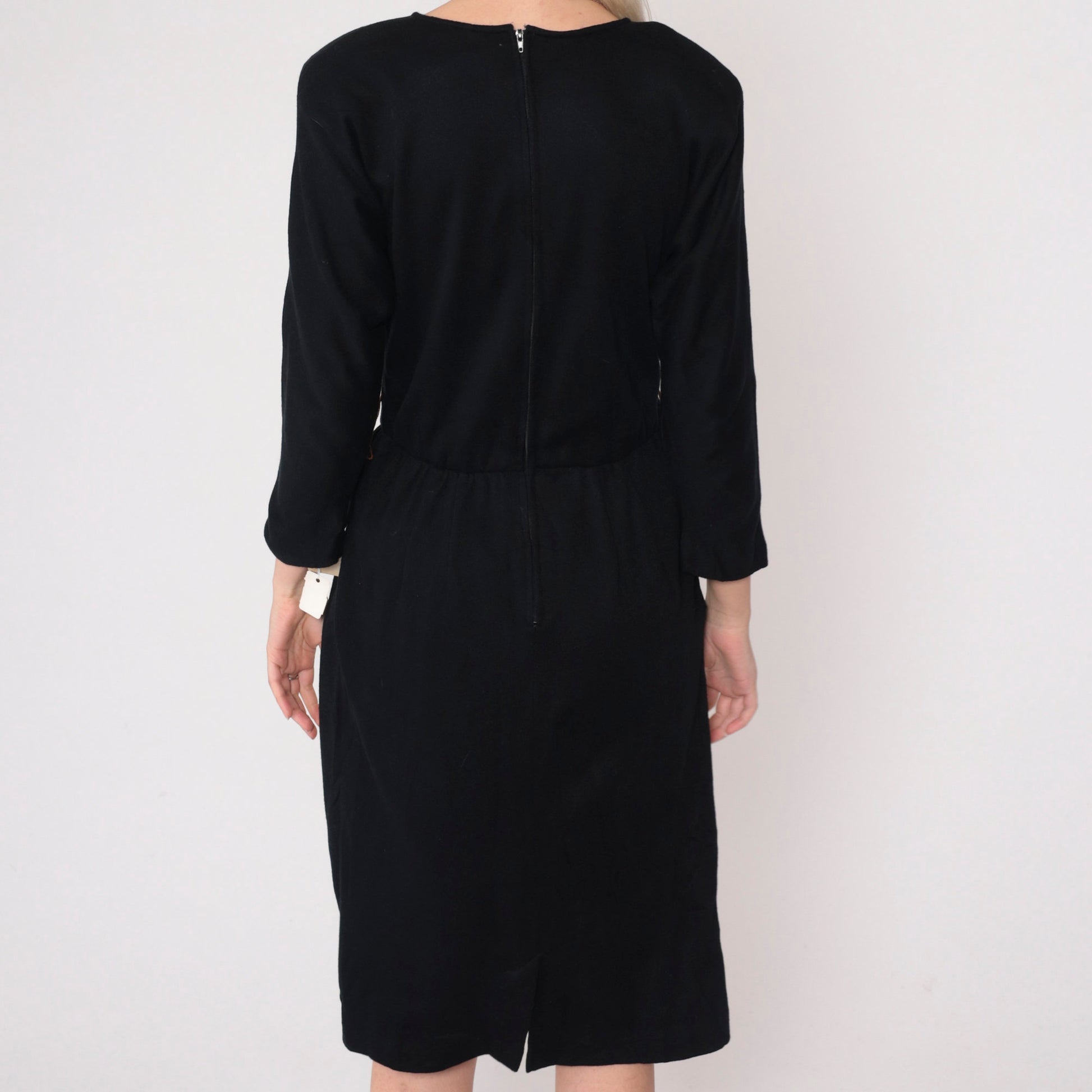 80s Black Midi Dress High Waist Pleated Pockets Long Sleeve Medium Large