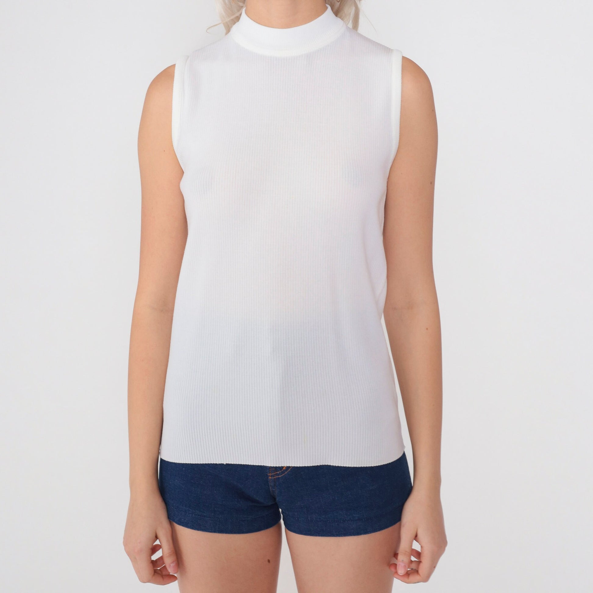70s White Ribbed Mock Neck Sleeveless Tank Top Extra Small
