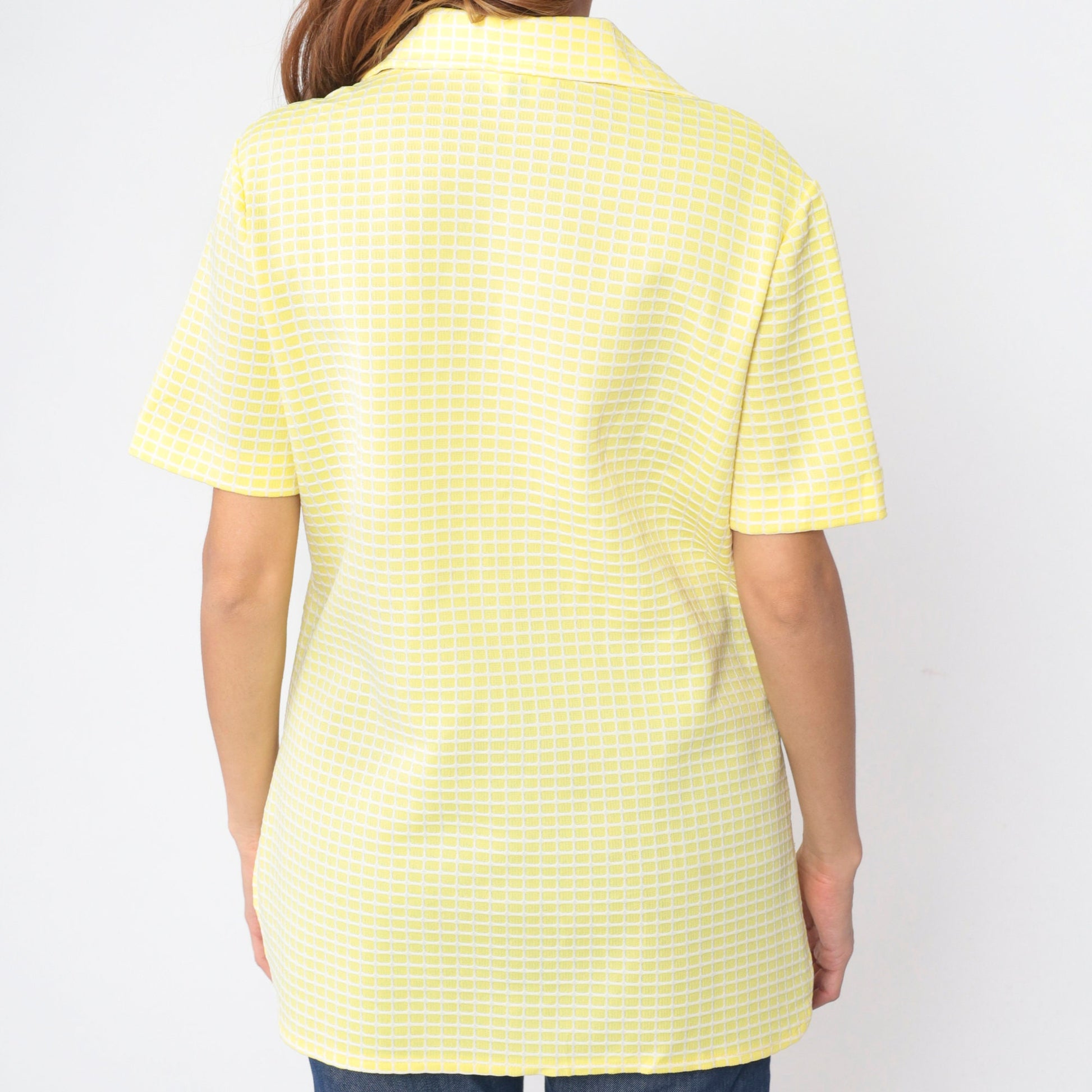 70s Yellow Checkered Button-Up Blouse Dagger Collar Short Sleeve Large L