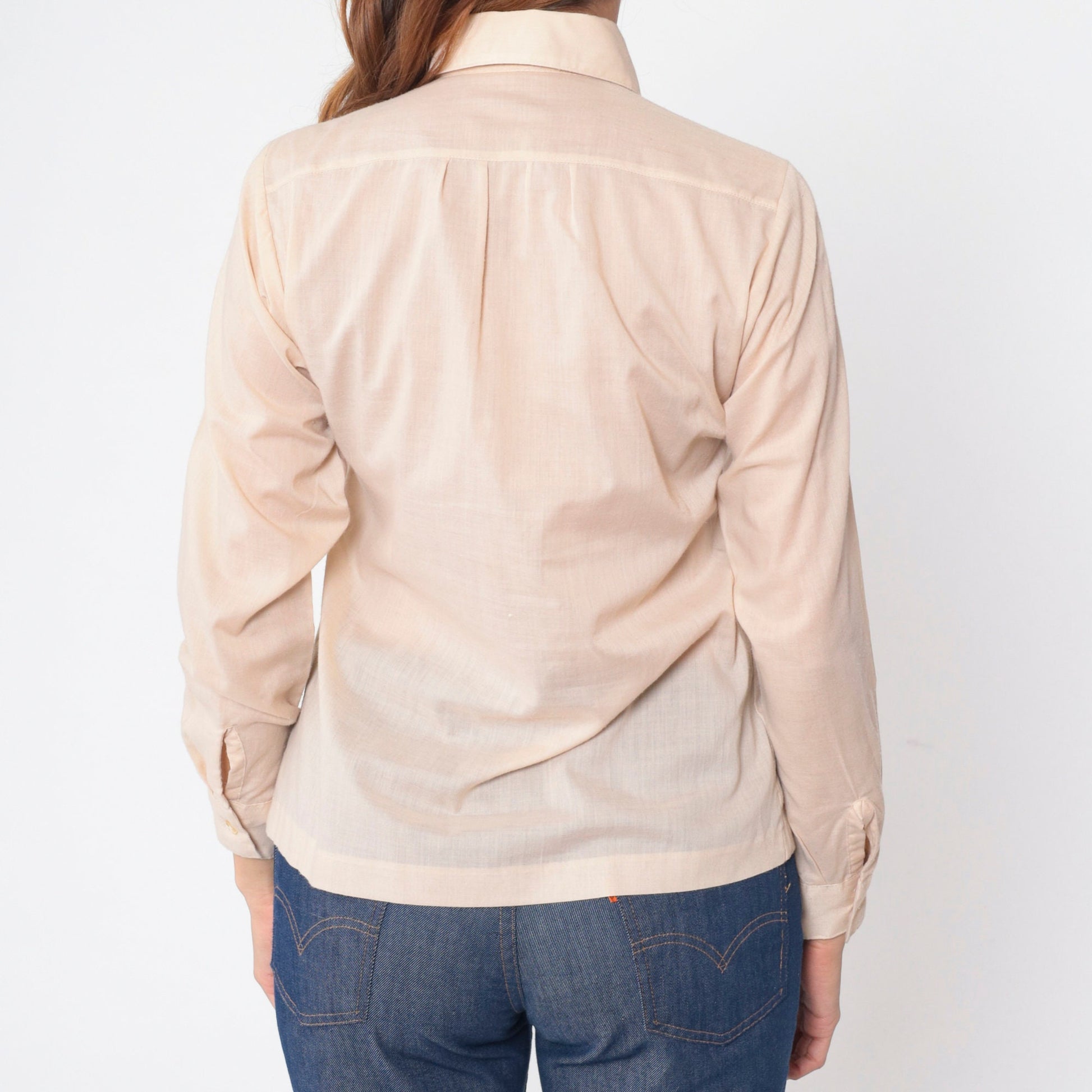 70s 80s College Town Beige Button-Up Shirt Chest Pockets Long Sleeve Small