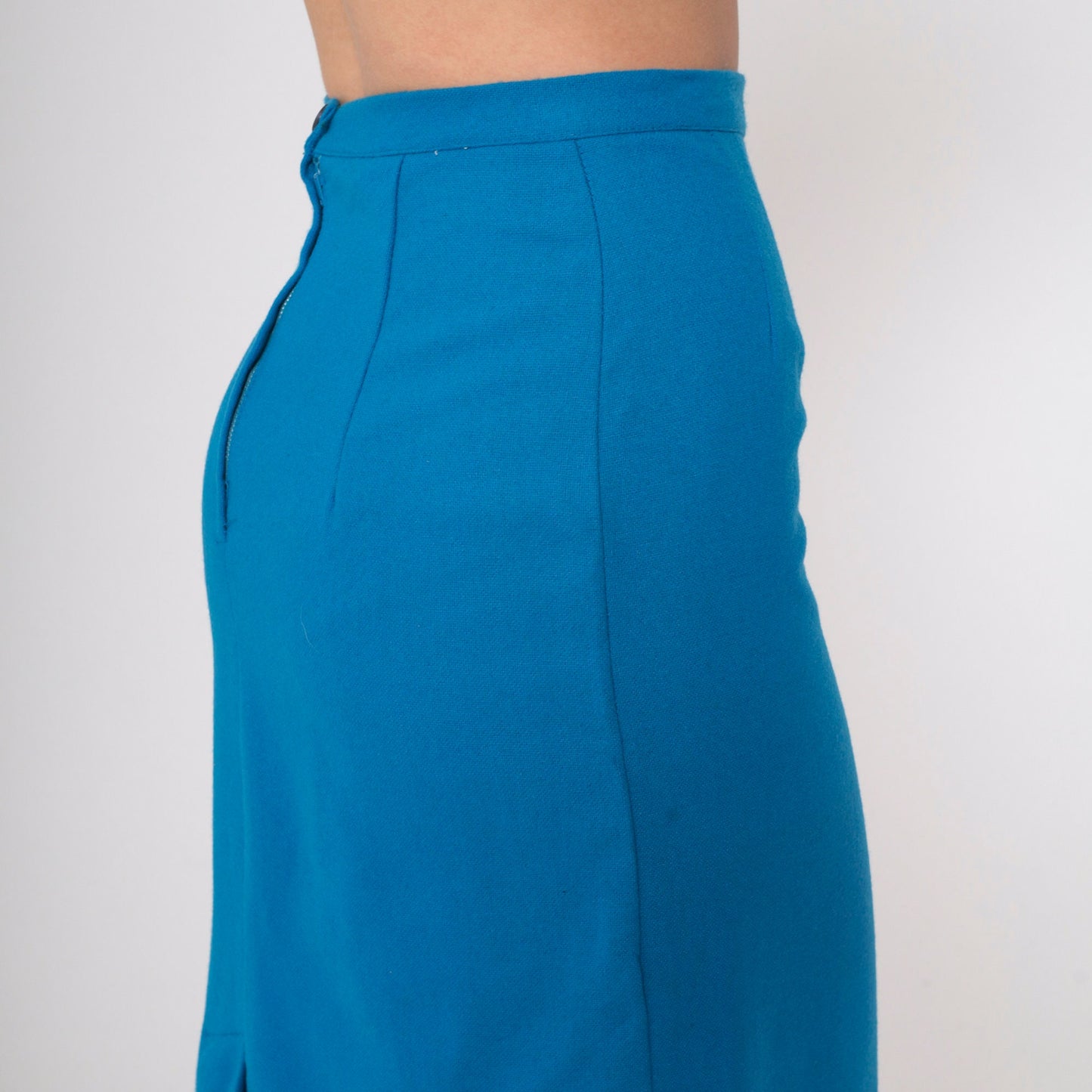 60s Blue Wool Blend Pencil Skirt High Waist Knee Length Extra Small