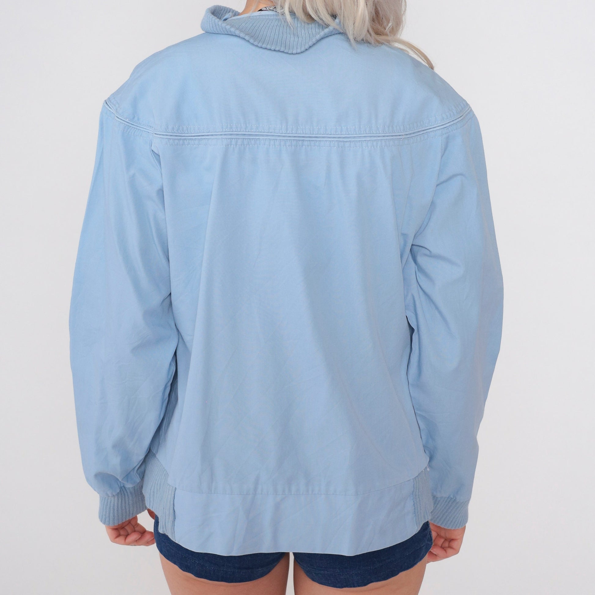 80s Baby Blue Bomber Jacket Windbreaker Zip Snap Front Medium