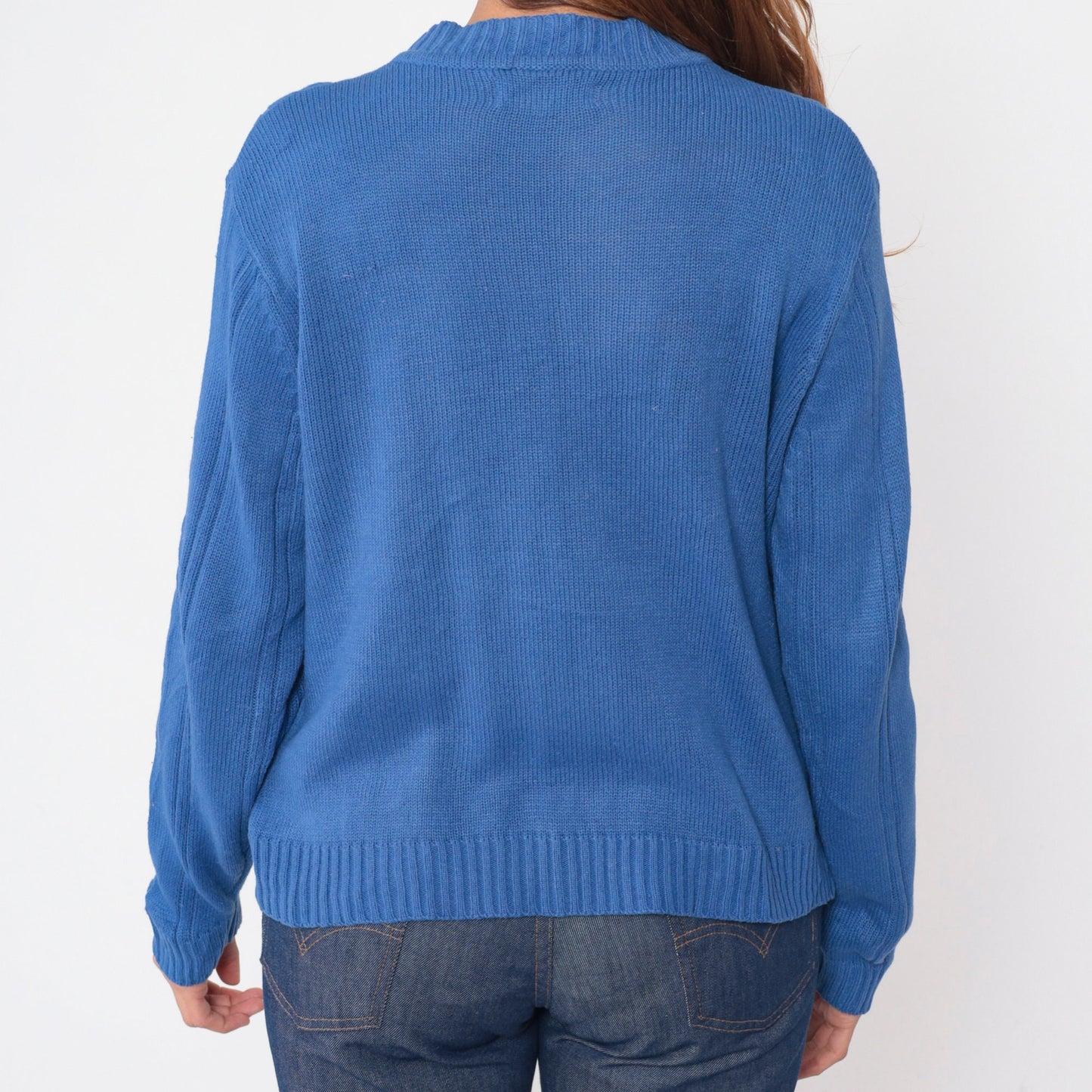 80s Blue Cable Knit Sweater Beaded Floral Design Pullover Large L