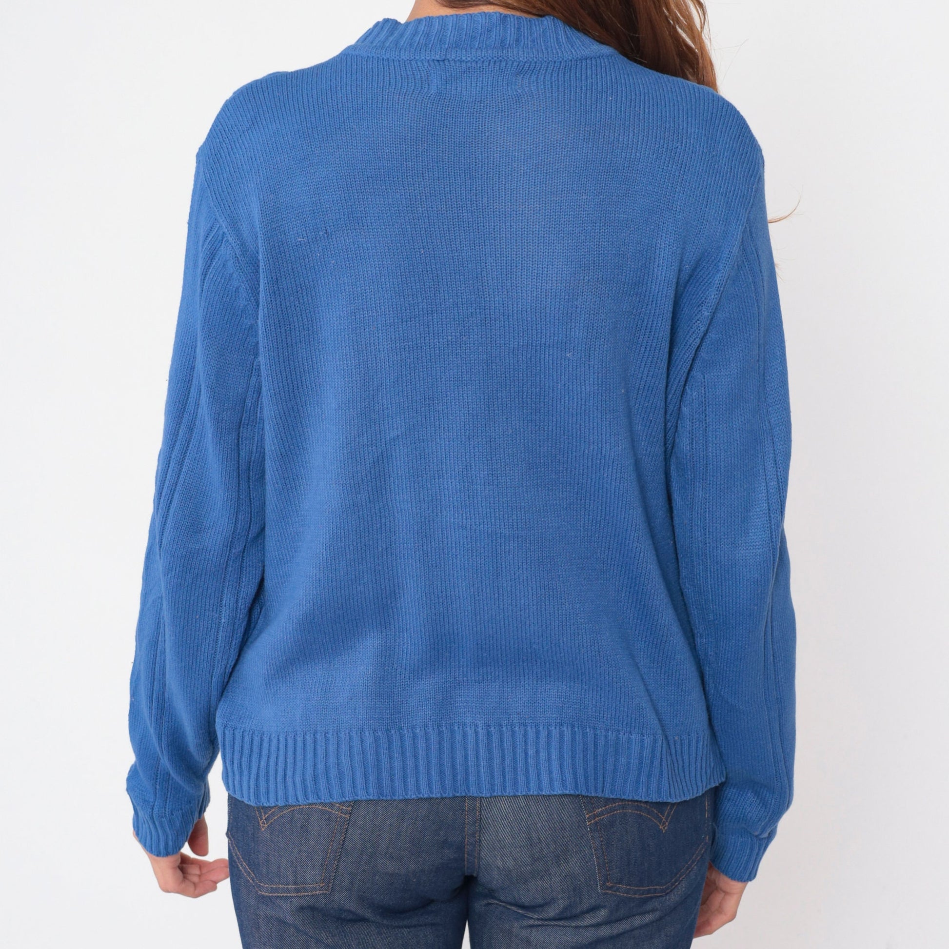 80s Blue Cable Knit Sweater Beaded Floral Design Pullover Large L