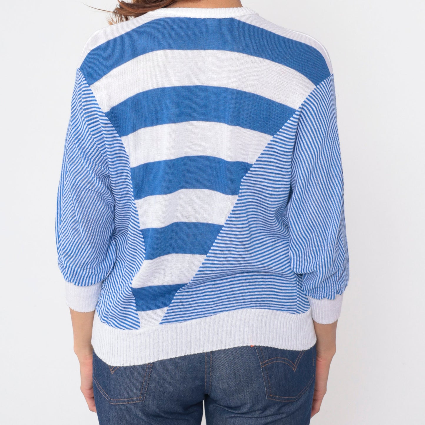 80s Blue White Striped Dolman Sweater Knit Pullover 3/4 Batwing Sleeve Medium M