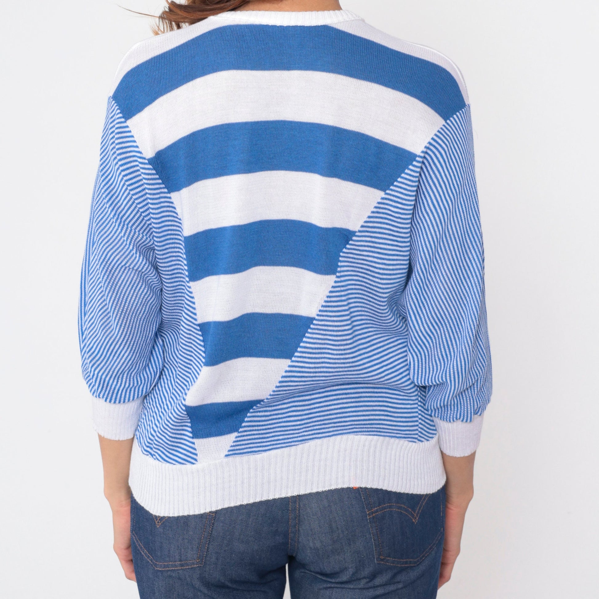80s Blue White Striped Dolman Sweater Knit Pullover 3/4 Batwing Sleeve Medium M