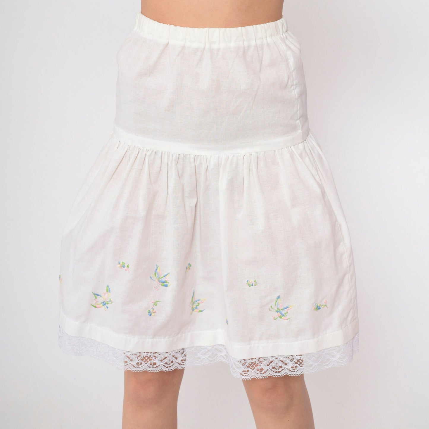 70s White Butterfly Embroidered Slip Skirt Lace Trim Extra Small