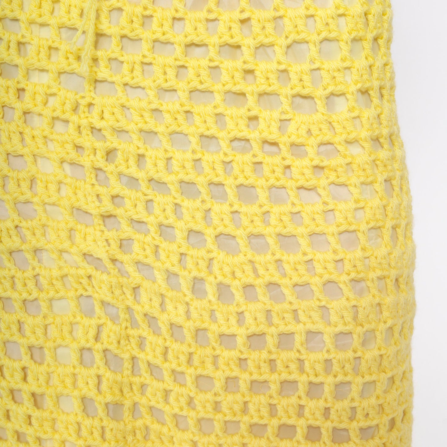 70s Yellow Crochet Midi Skirt High Waisted Open Weave Drawstring Small