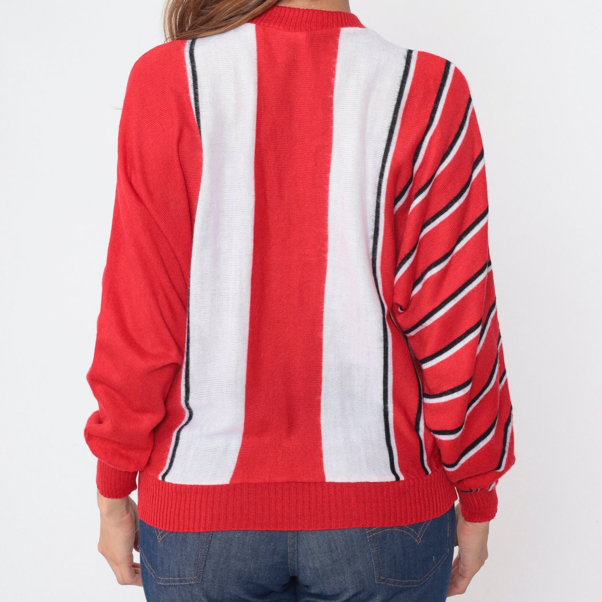 80s Striped Dolman Sleeve Knit Sweater Red White Black Crewneck Medium