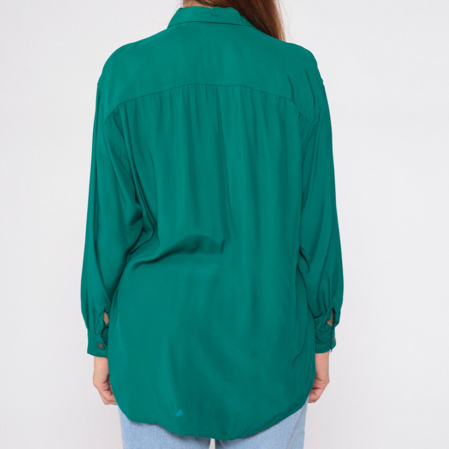 90s Paul Duffier Green Button-Up Blouse Long Sleeve Collared Small