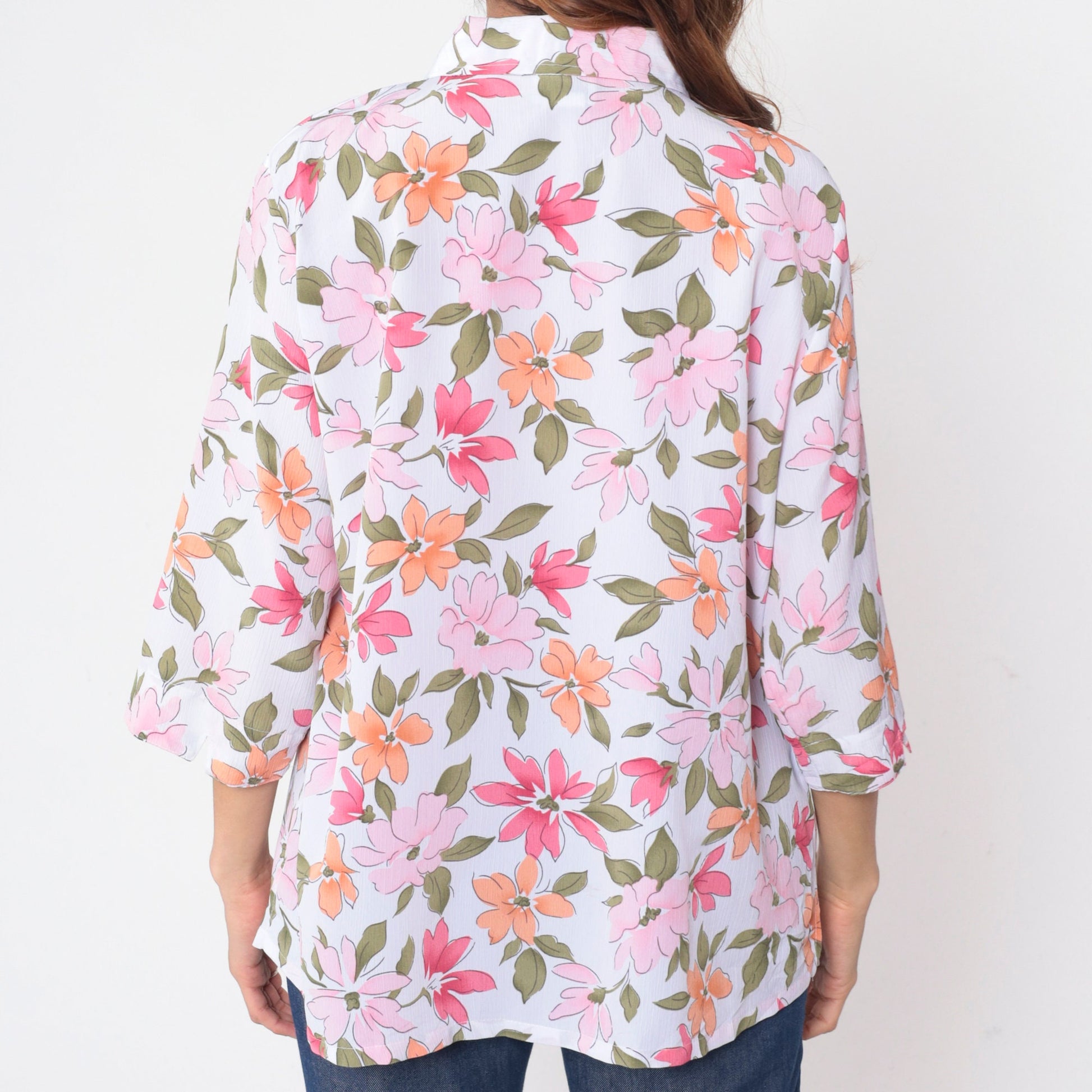 90s Bon Worth Floral Button-Up Blouse Pink Orange 3/4 Sleeve Large Petite