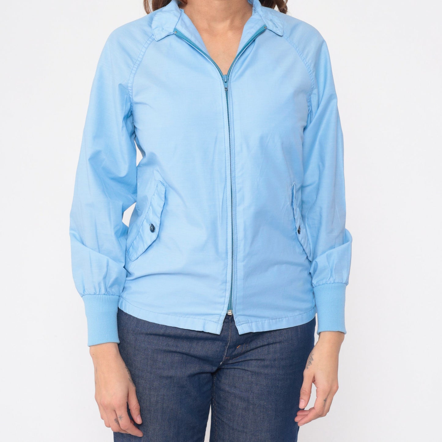 80s Baby Blue Windbreaker Jacket Raglan Sleeve Zip Up Extra Small