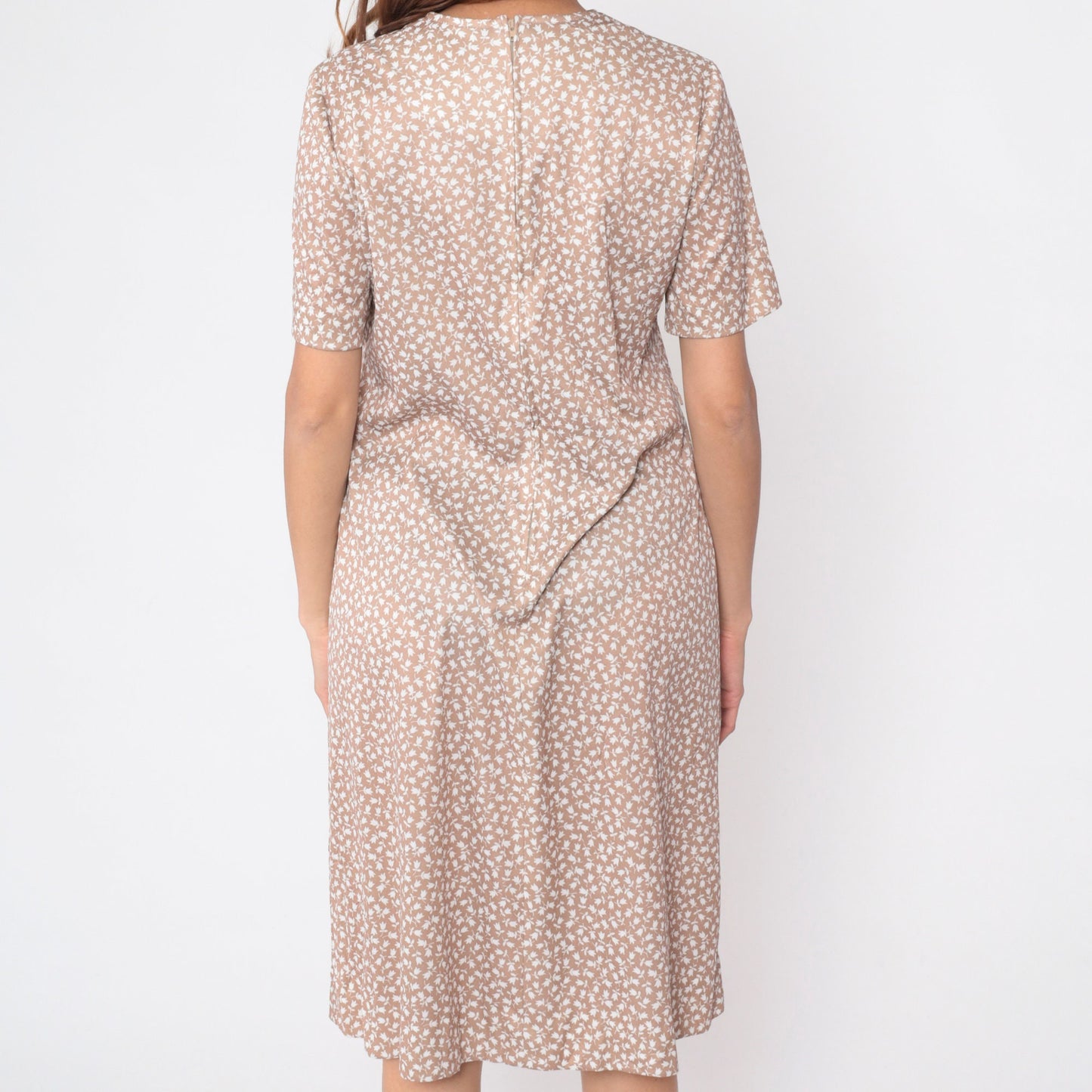 70s Tulip Floral Midi Dress Light Brown Shift Short Sleeve Large