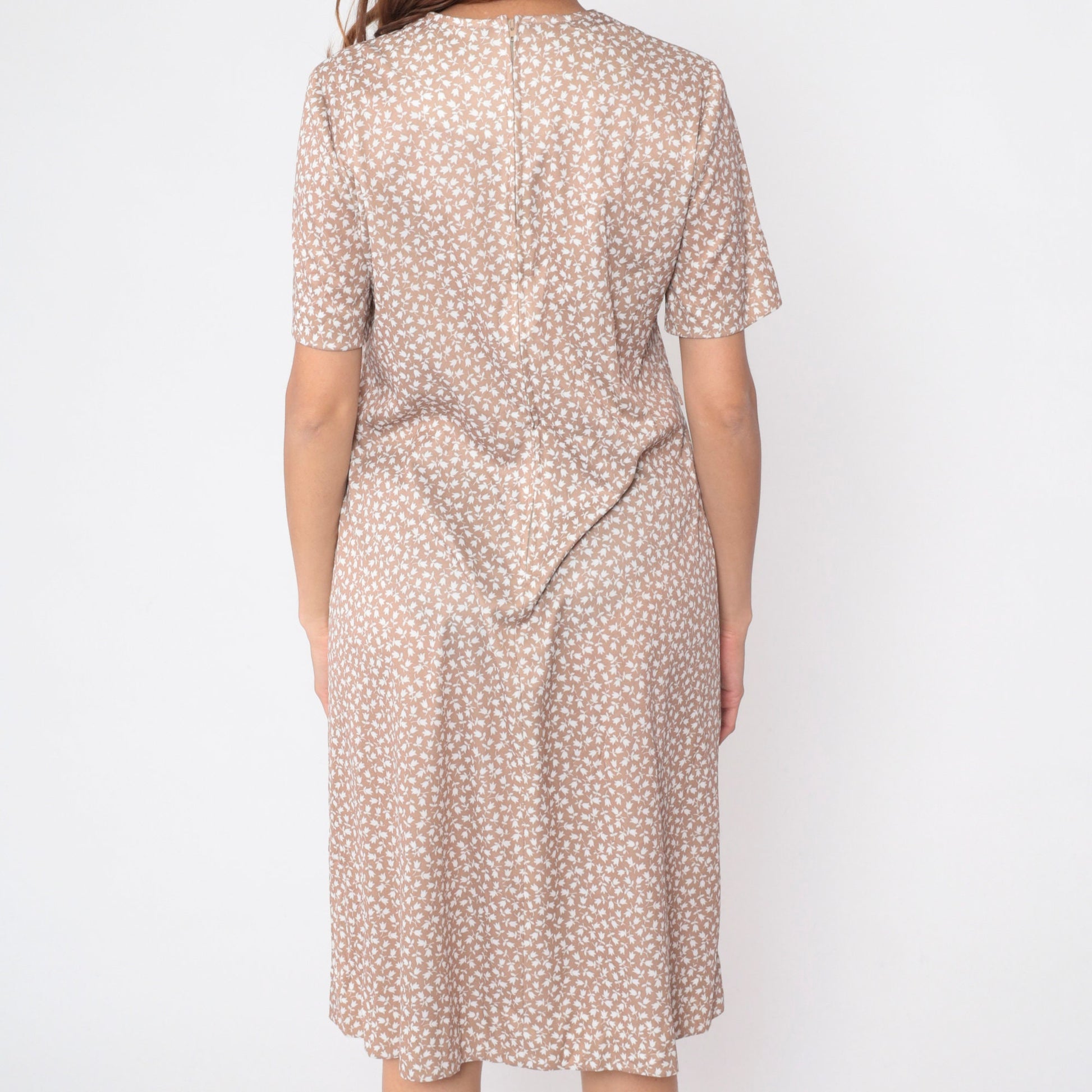 70s Tulip Floral Midi Dress Light Brown Shift Short Sleeve Large
