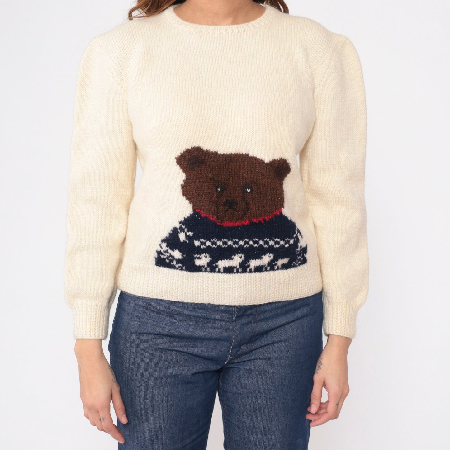 80s Cream Wool Teddy Bear Sweater Knit Pullover Small S