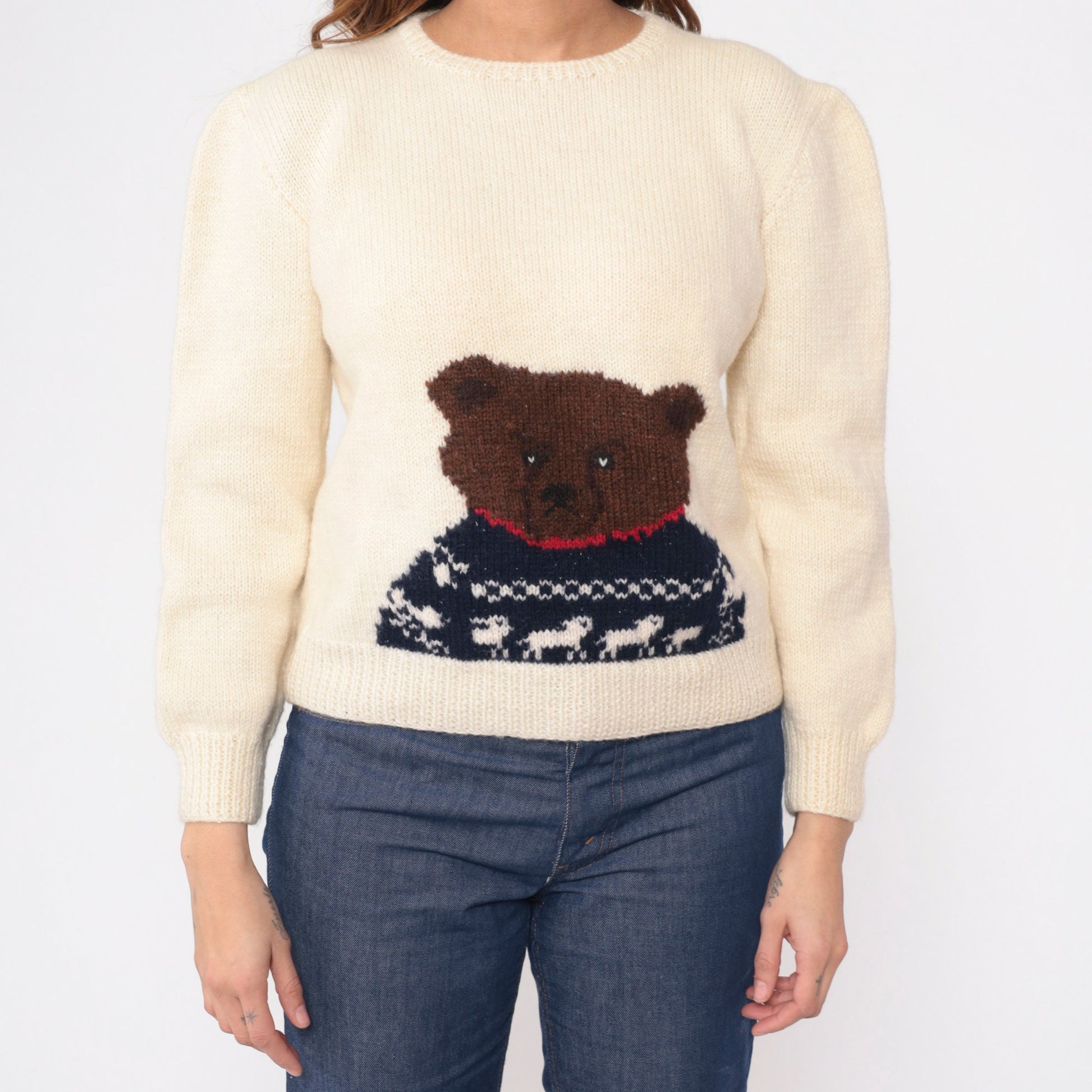 80s Cream Wool Teddy Bear Sweater Knit Pullover Small S