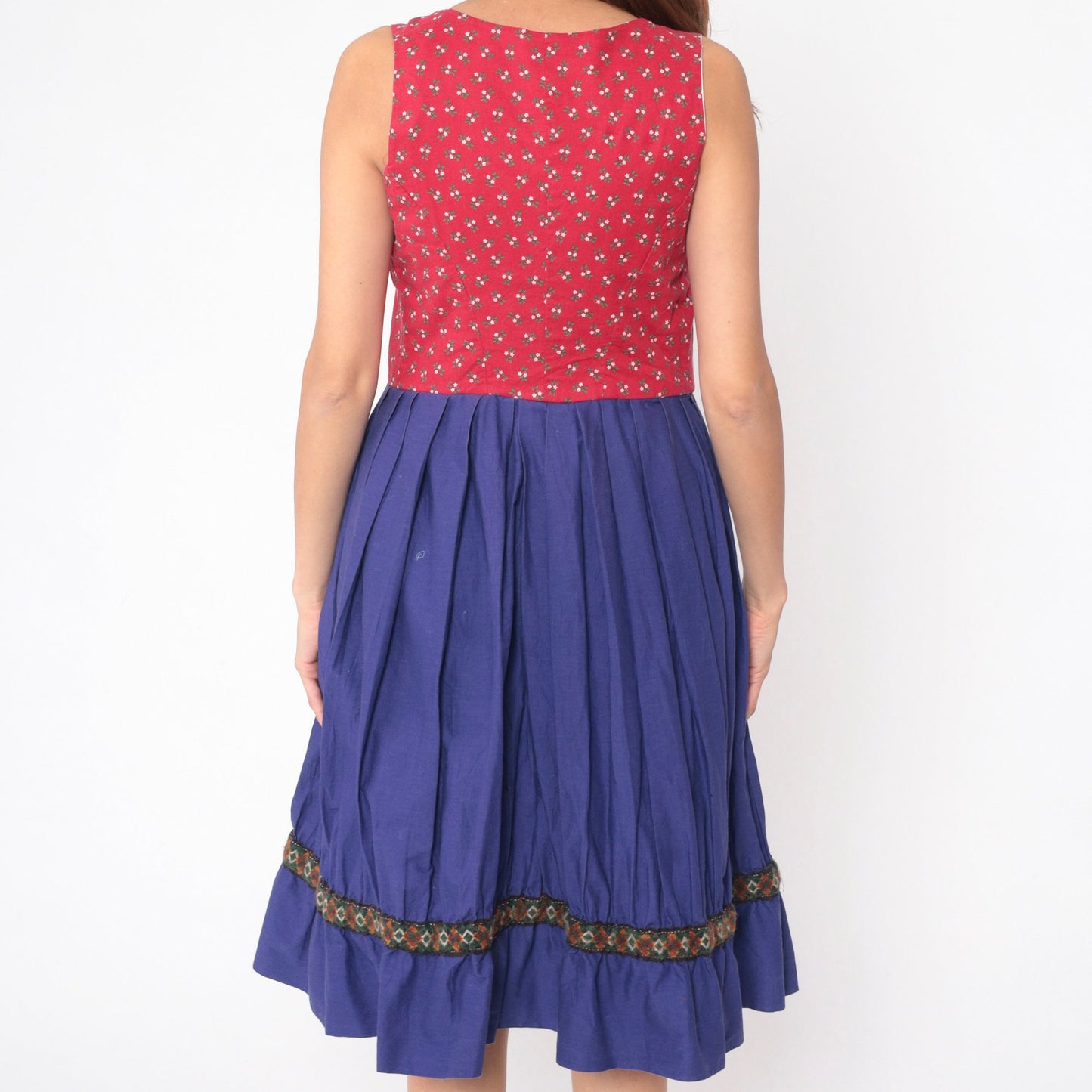 70s Dirndl Dress Handmade Calico Floral Midi Red Blue High Waist Medium