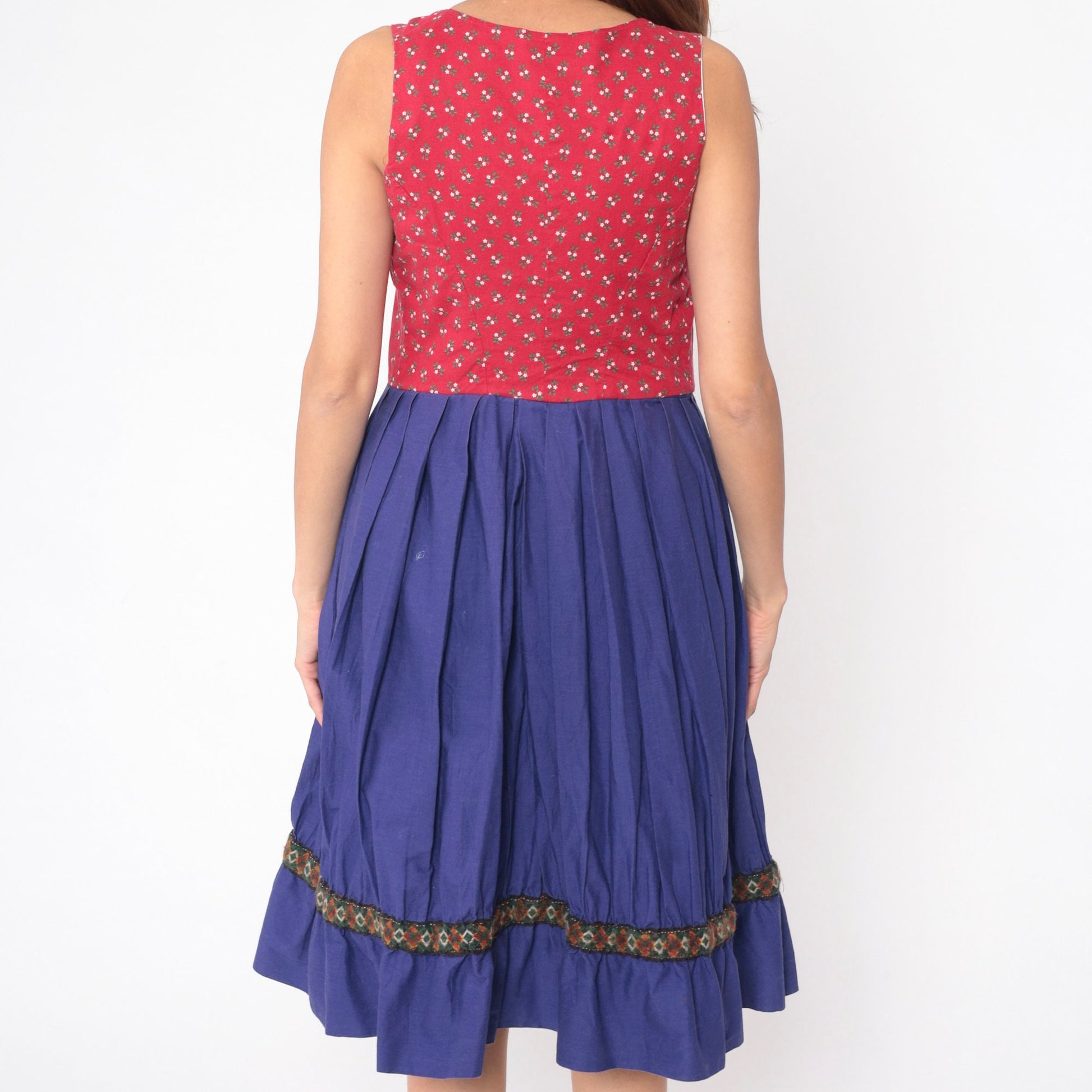 70s Dirndl Dress Handmade Calico Floral Midi Red Blue High Waist Medium