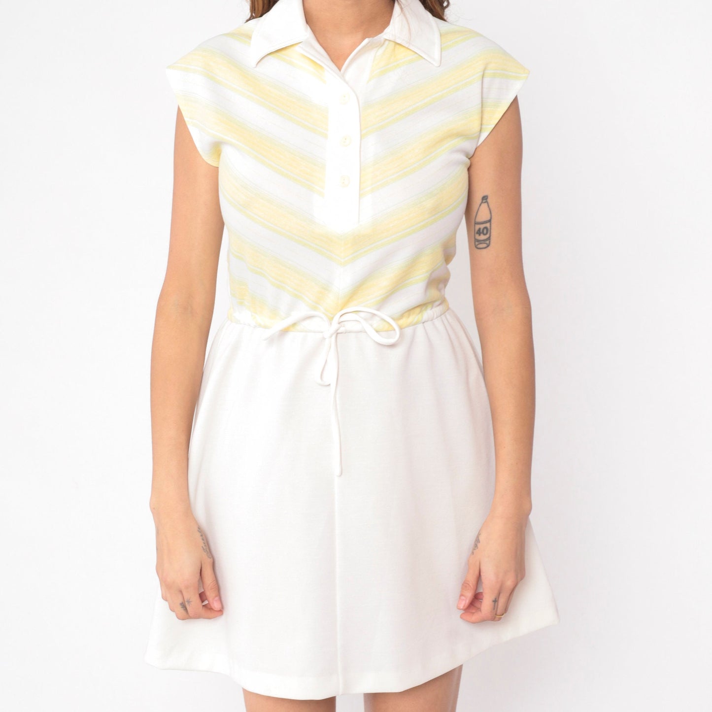 70s Chevron Striped Mini Dress Yellow White Collared Button-Up Small S