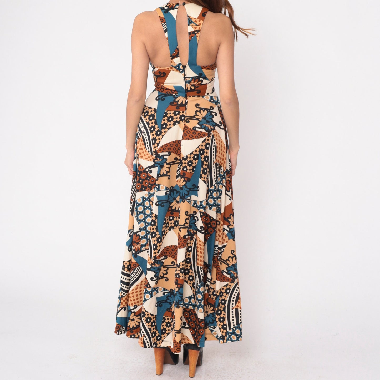 70s Abstract Floral Patchwork Maxi Dress Keyhole Racerback Sleeveless Extra Small