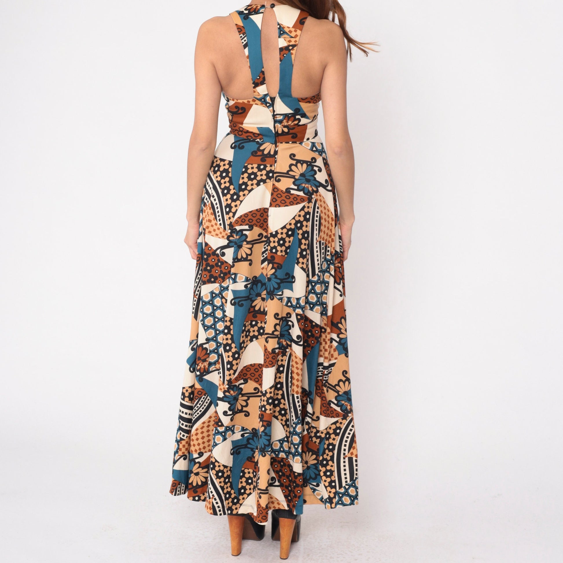 70s Abstract Floral Patchwork Maxi Dress Keyhole Racerback Sleeveless Extra Small
