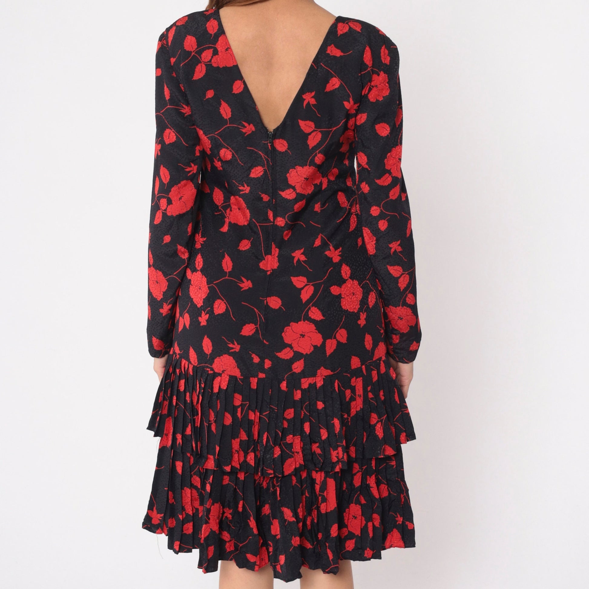 90s Liz Claiborne Black Floral Dress Red Flowers Low V Back Knee Length Medium
