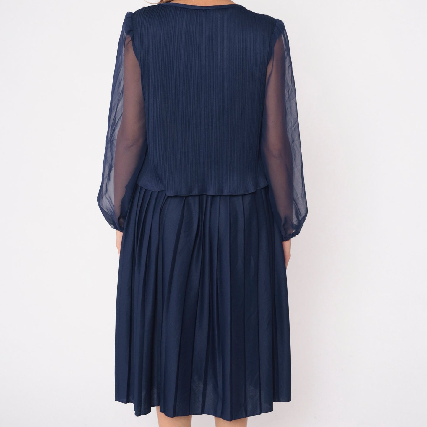 70s Navy Pleated Midi Dress Layered Bodice Sheer Chiffon Sleeves Large L