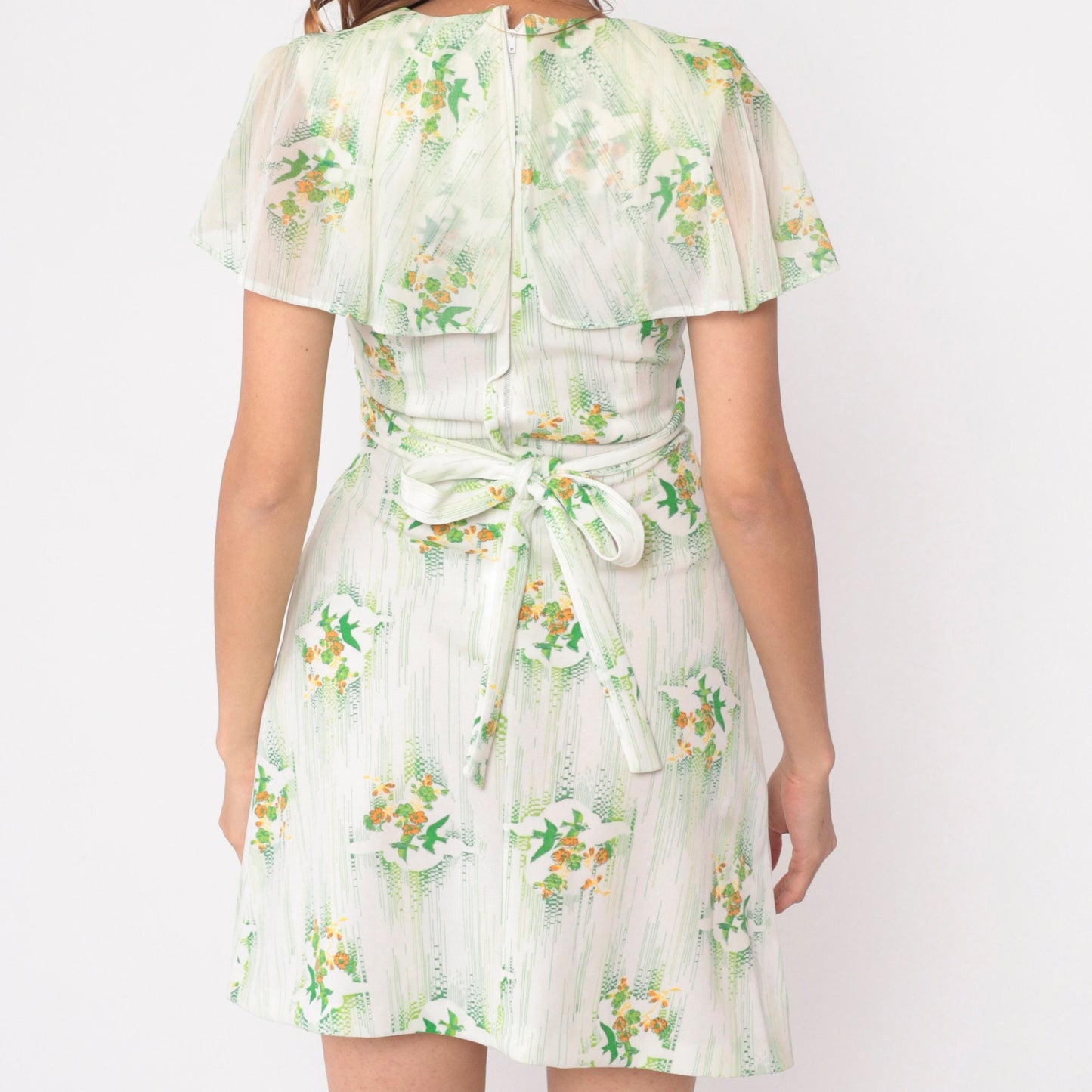 70s Babydoll Mini Dress Floral Bird Print Empire Waist Flutter Sleeve Small