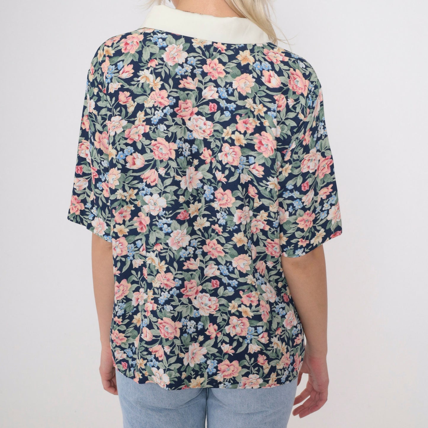 90s Dark Blue Floral Button Up Blouse White Collar Gold Buttons Small