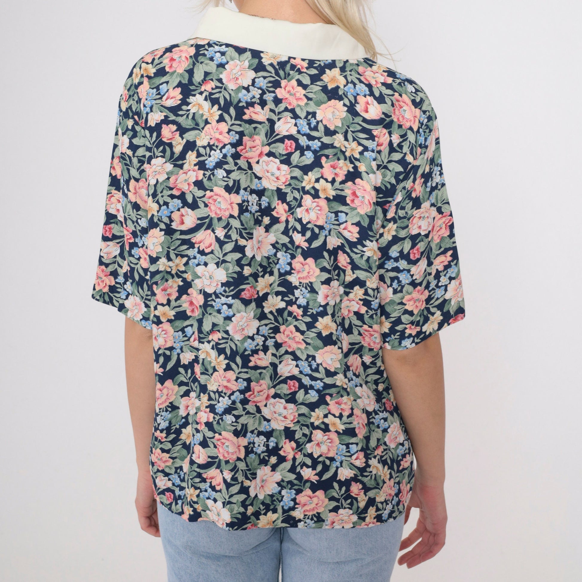 90s Dark Blue Floral Button Up Blouse White Collar Gold Buttons Small