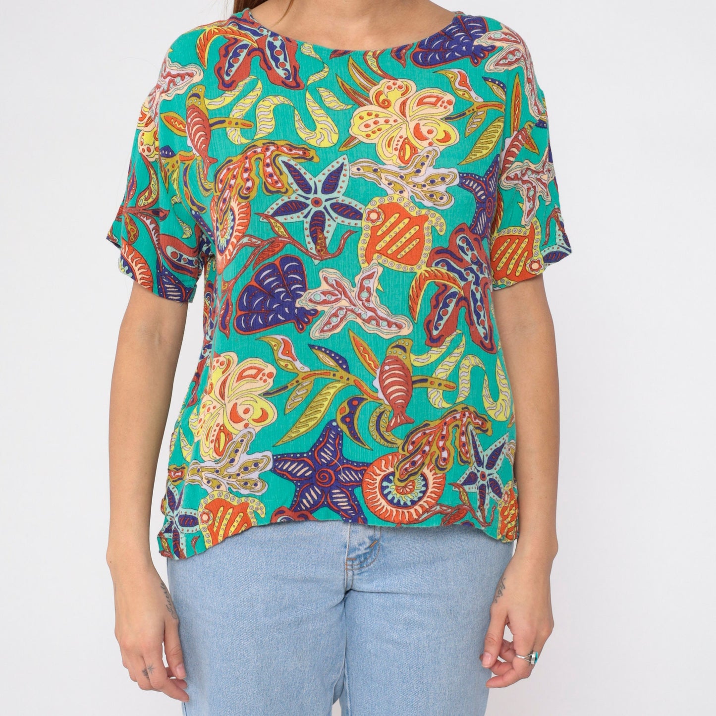 90s Under The Sea Print Rayon Blouse Turquoise Fish Starfish Small