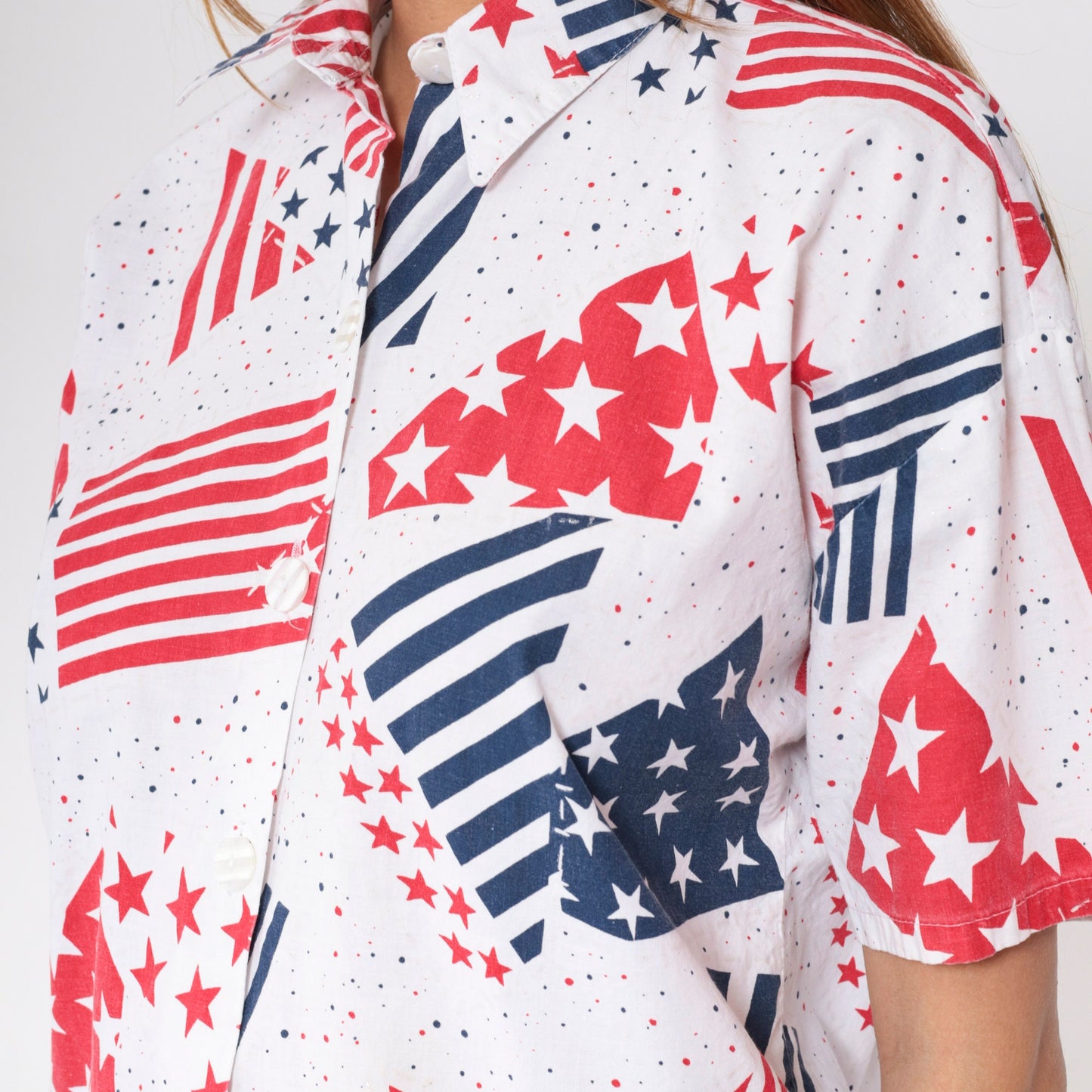 90s Stars and Stripes Button-Up Blouse Red White Blue American Flag Large L