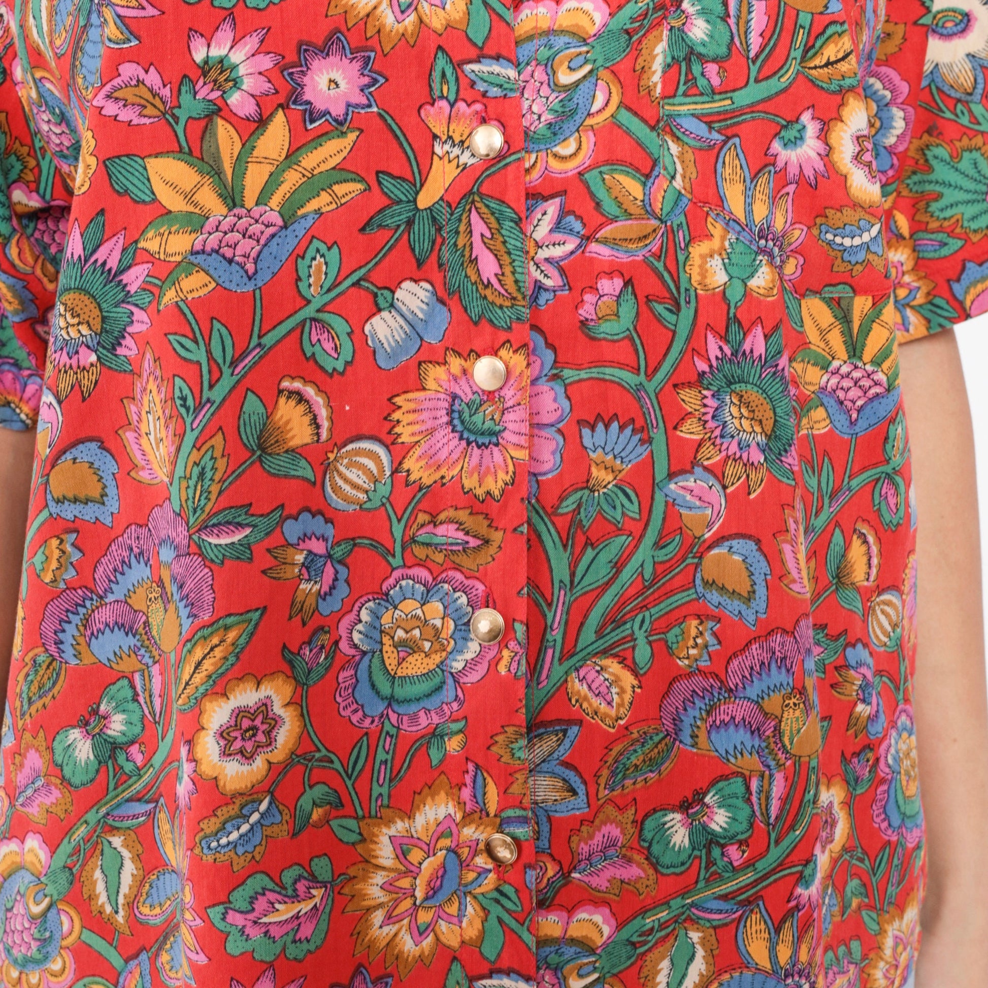 90s Indian Floral Red Button-Up Blouse Short Sleeve Cotton Rayon Medium M
