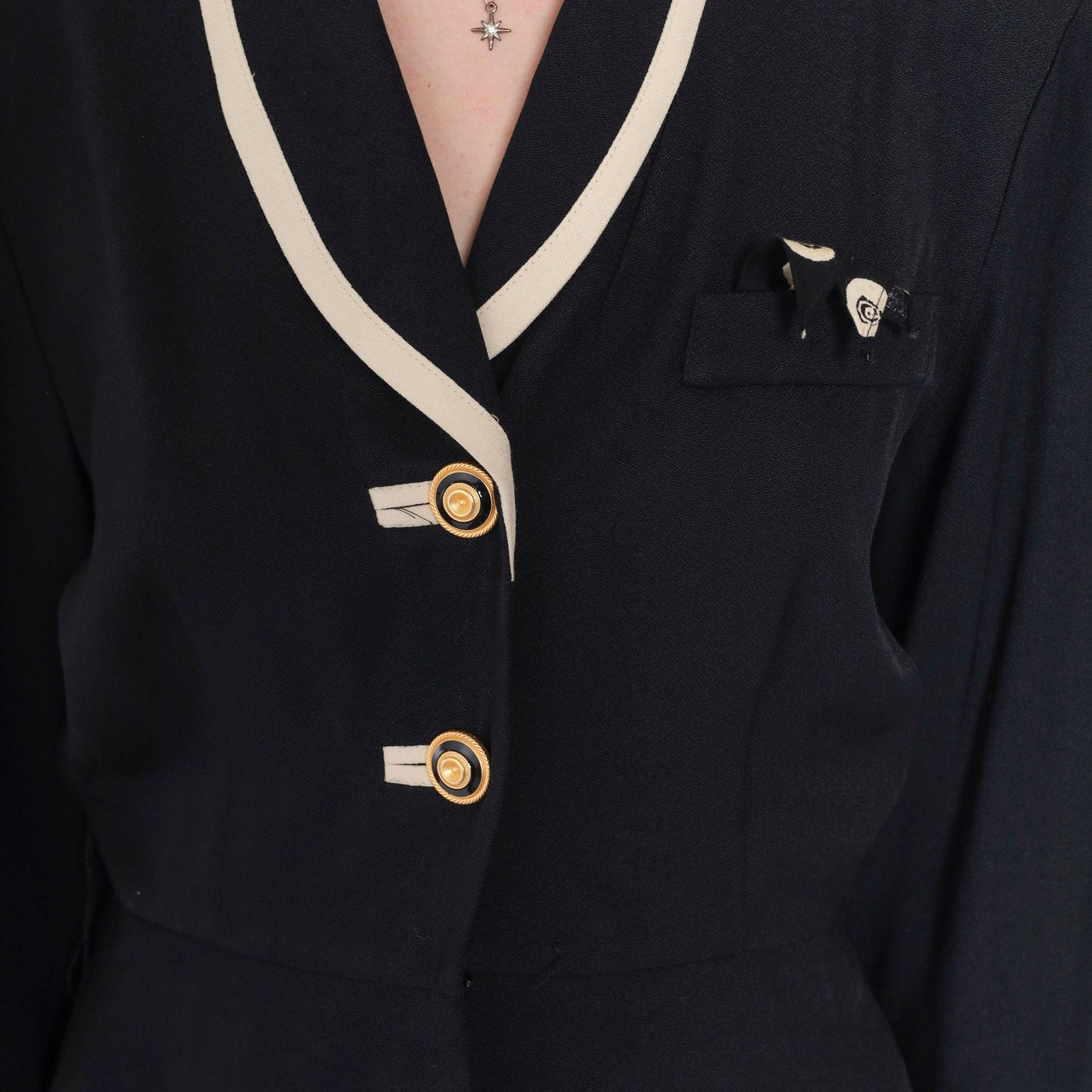 90s Black Blazer with Cream Trim Peplum Jacket Gold Buttons Small