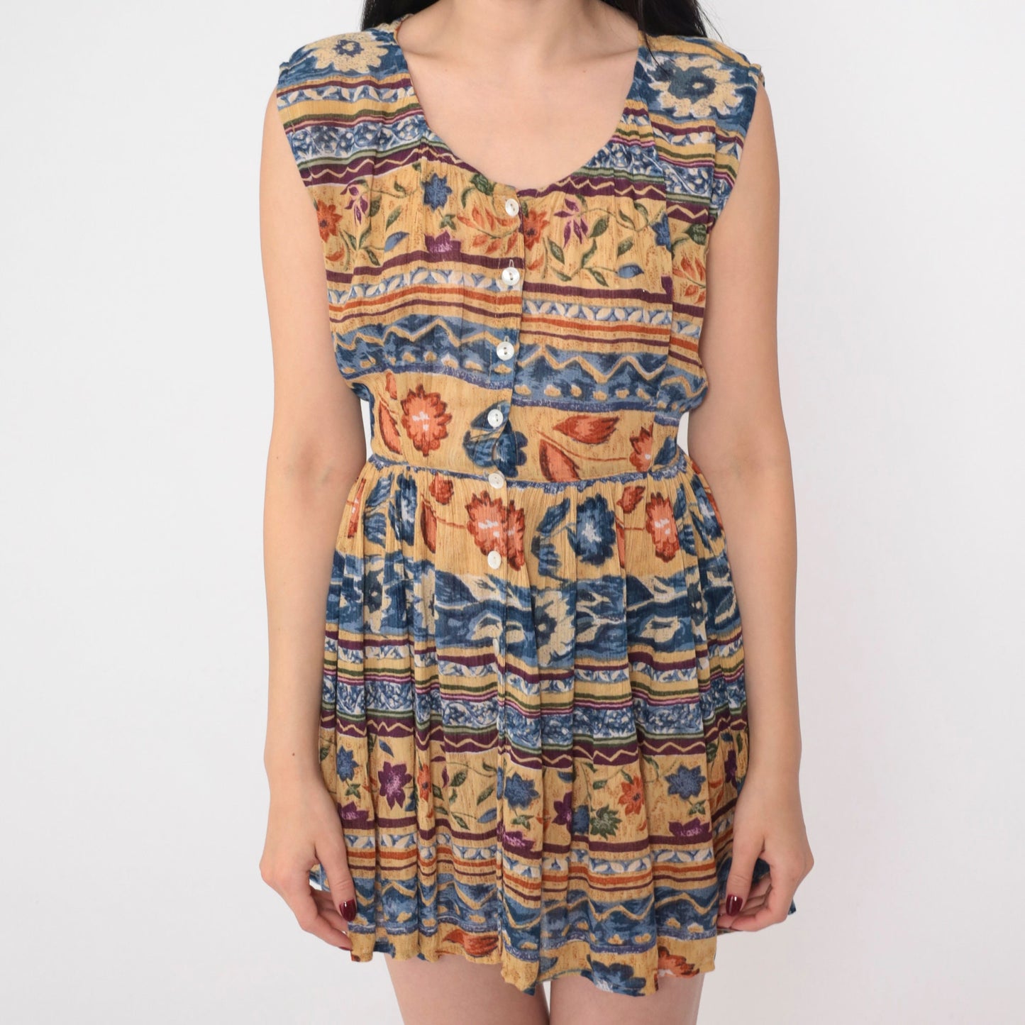 90s Floral Striped Mini Dress Sleeveless High Waist Button Front Petite Medium