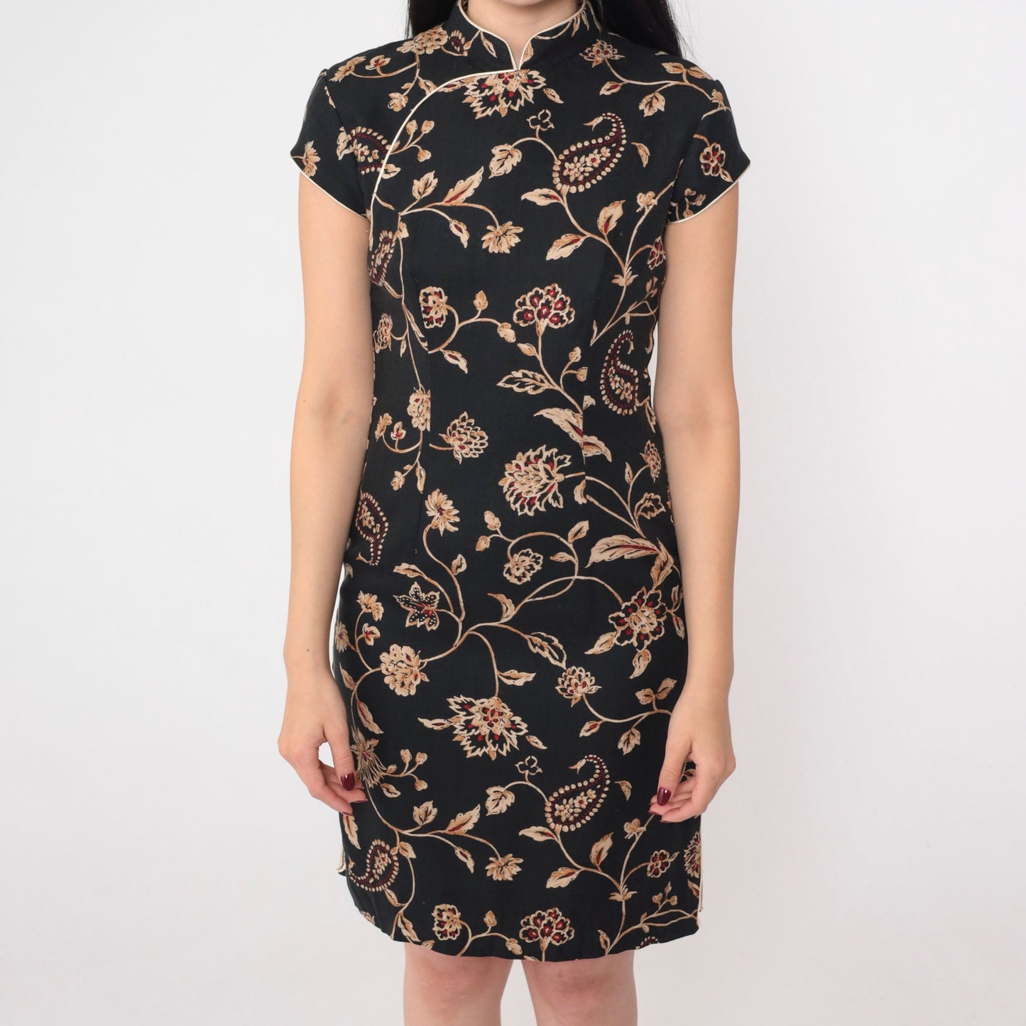 90s Black Floral Mini Dress Gold Red Asian Print Mandarin Collar Small
