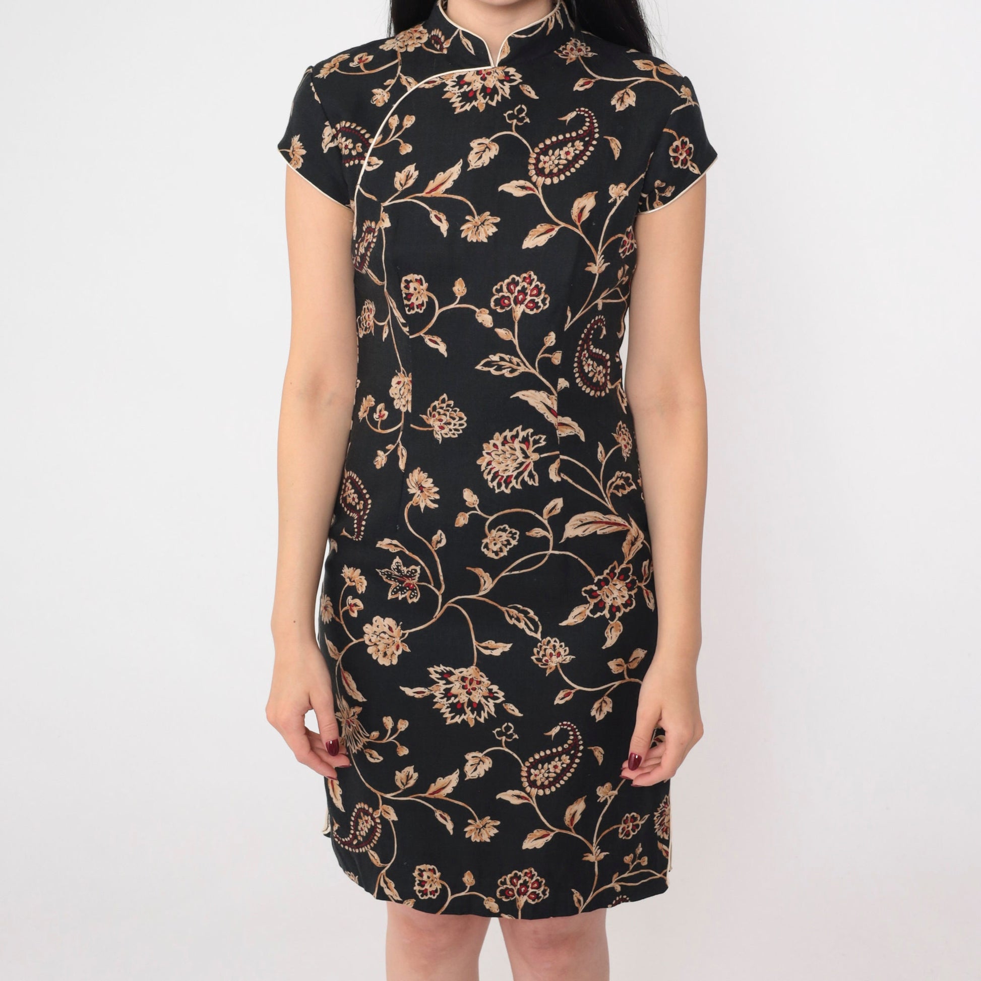 90s Black Floral Mini Dress Gold Red Asian Print Mandarin Collar Small
